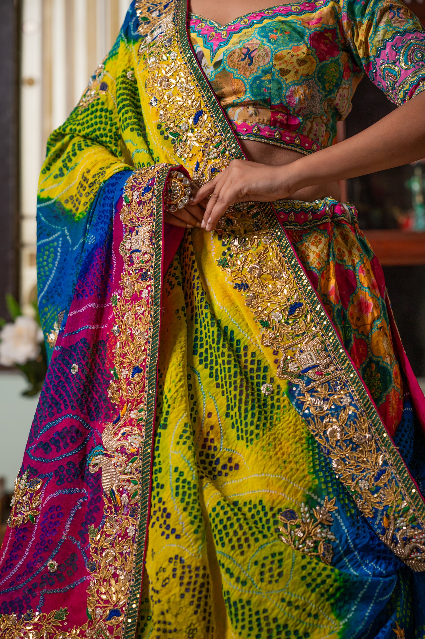 Pink Yellow Sky Blue Multi Pure Ojariya Bandhej Chunari with Zardozi Double Swan Gota Patti Work