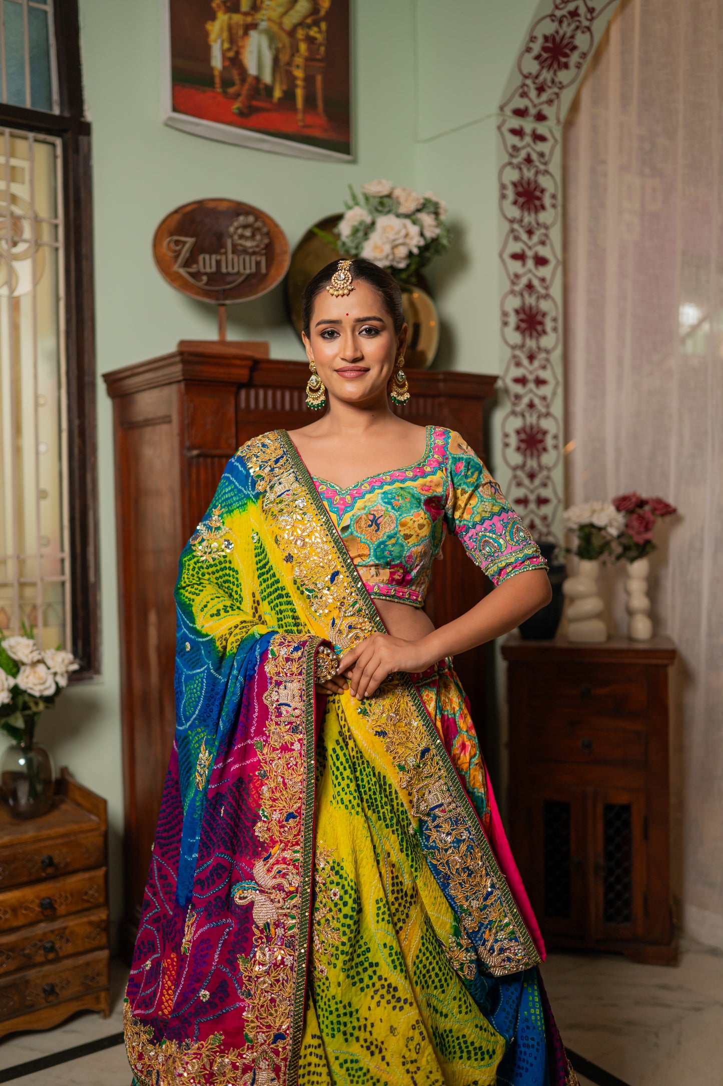 Pink Yellow Sky Blue Multi Pure Ojariya Bandhej Chunari with Zardozi Double Swan Gota Patti Work