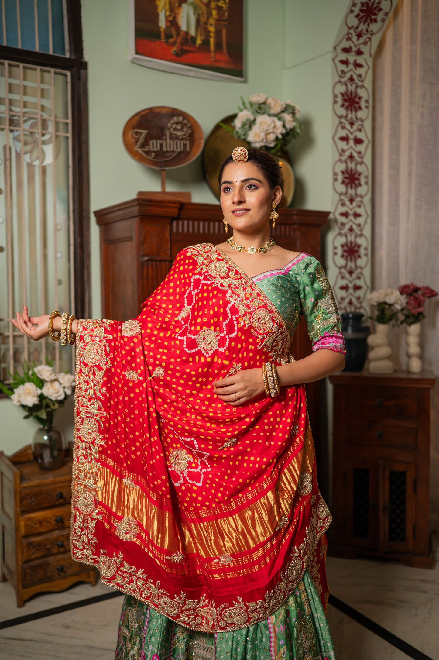 Red Gajji Silk Bandhej Chunari with Marodi Birds Motifs Zardozi Sequins Work