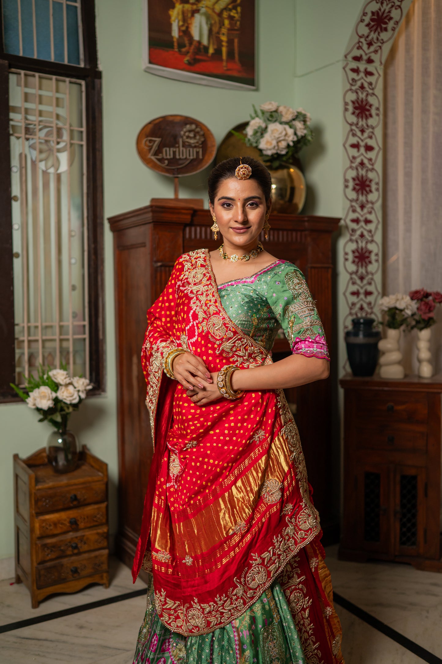 Red Gajji Silk Bandhej Chunari with Marodi Birds Motifs Zardozi Sequins Work