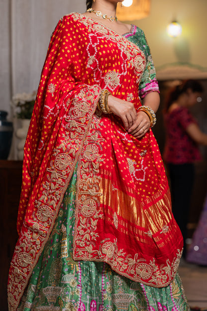 Red Gajji Silk Bandhej Chunari with Marodi Birds Motifs Zardozi Sequins Work