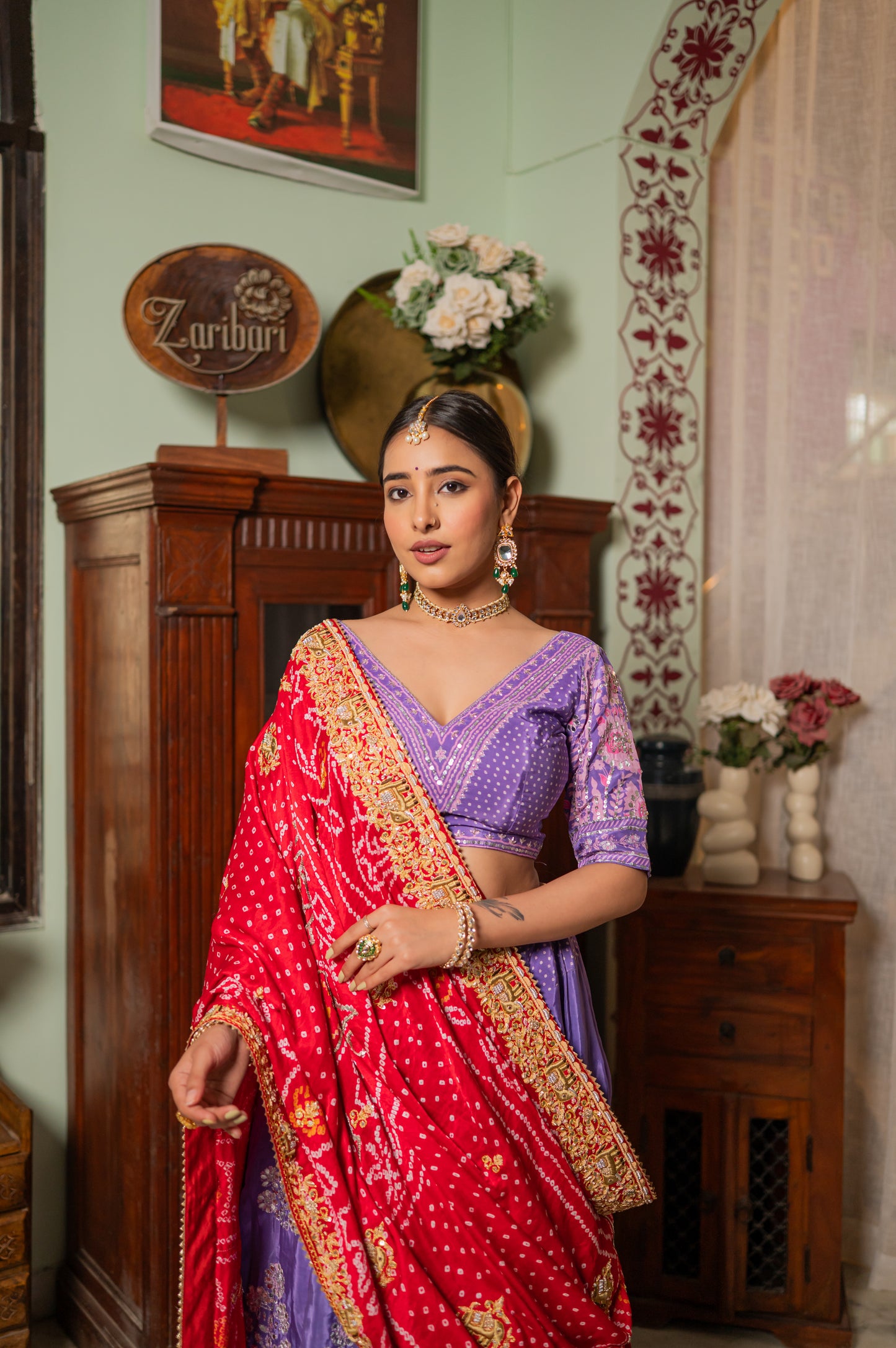 Red Gajji Silk Bandhej Chunari with Marodi Zardozi Thread Elephant Motifs Sequins Work