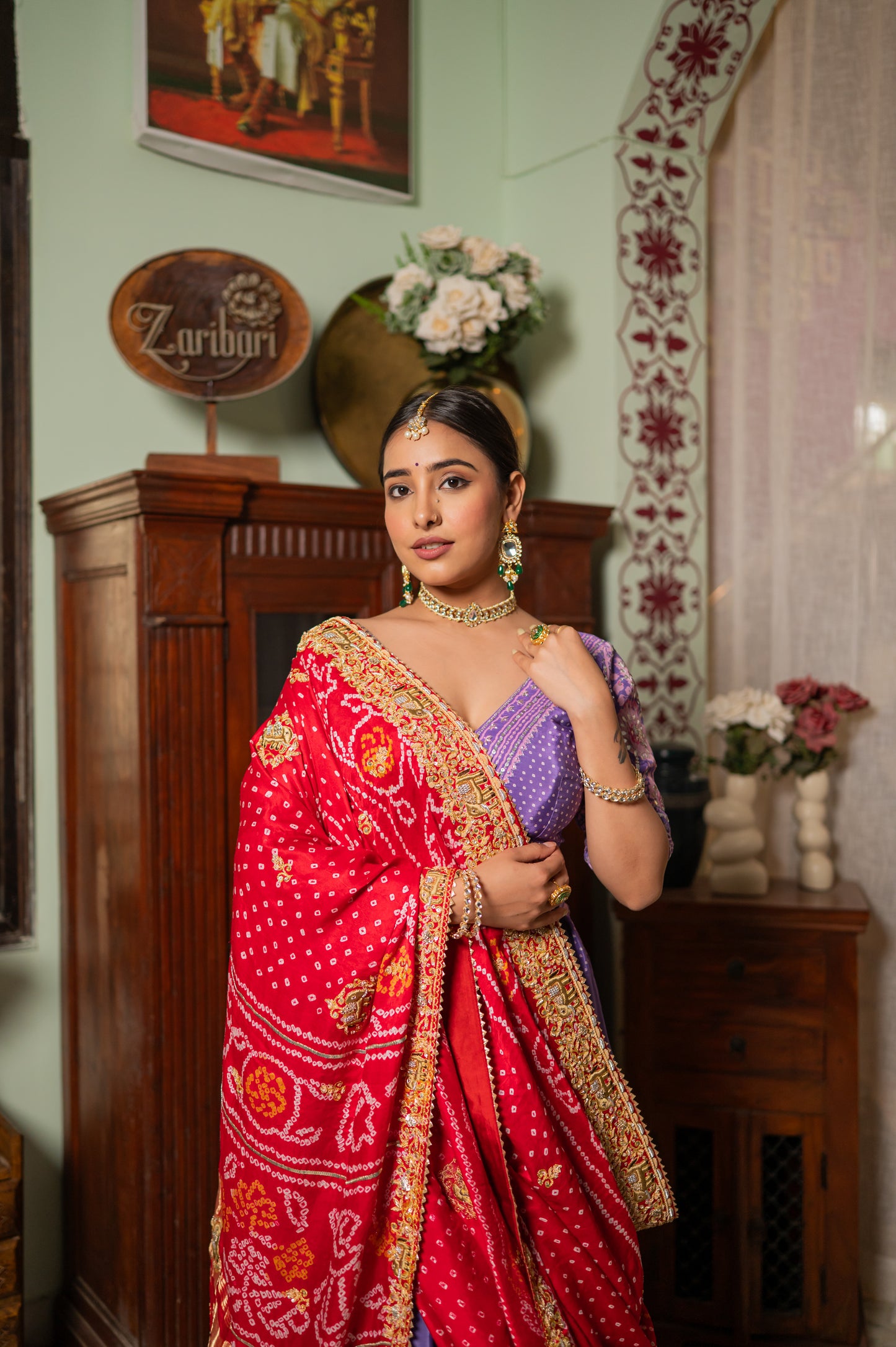 Red Gajji Silk Bandhej Chunari with Marodi Zardozi Thread Elephant Motifs Sequins Work