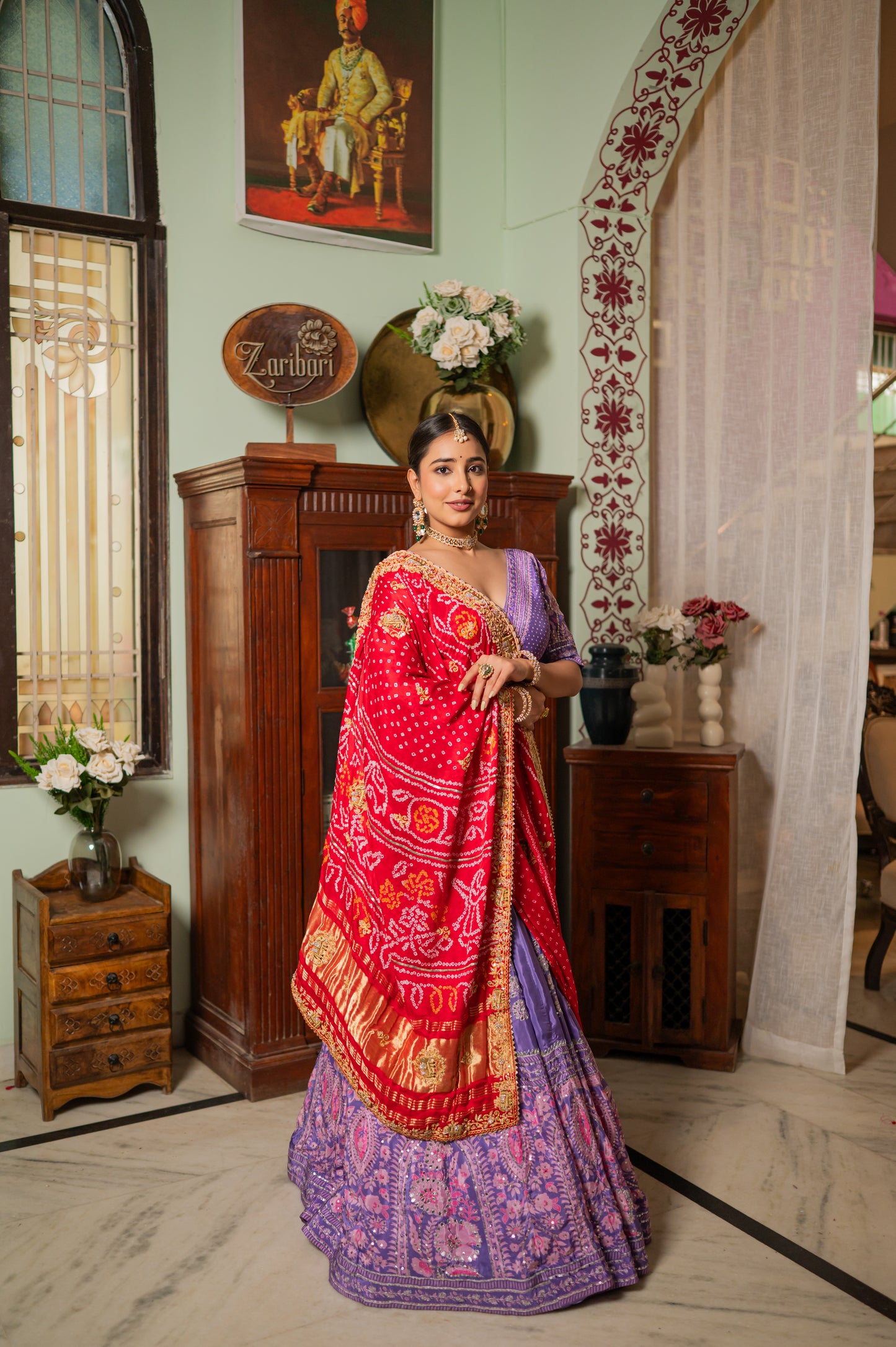 Red Gajji Silk Bandhej Chunari with Marodi Zardozi Thread Elephant Motifs Sequins Work