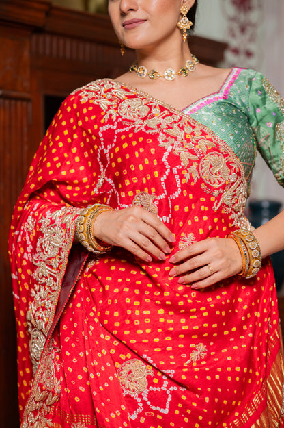 Red Gajji Silk Bandhej Chunari with Marodi Birds Motifs Zardozi Sequins Work