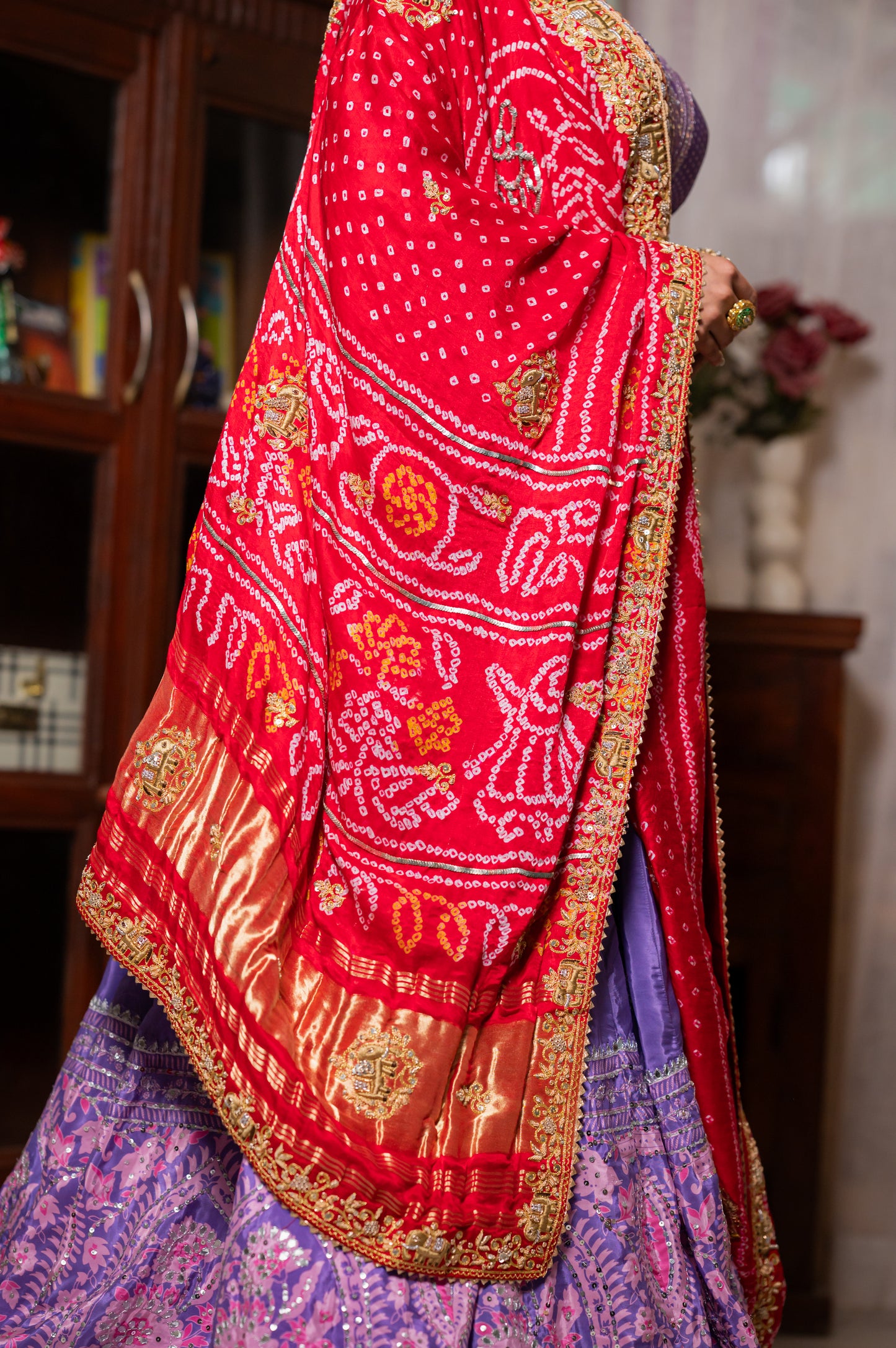 Red Gajji Silk Bandhej Chunari with Marodi Zardozi Thread Elephant Motifs Sequins Work