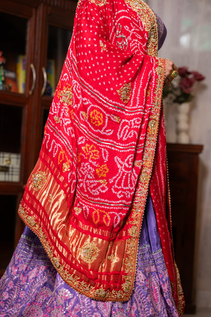 Bridal Dupatta - Red Gajji Silk Bandhej Marodi Elephant | Wedding Chunari