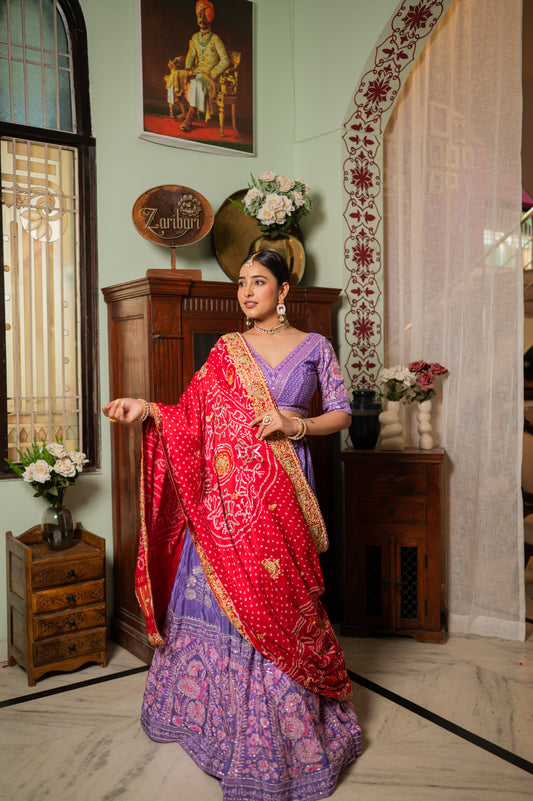 A stunning red gajji silk bandhej chunari featuring zardozi thread elephant motifs sequins work chunari beautifully adorned with fine craftsmanship and exquisite detailing, perfect for festive and special occasions.