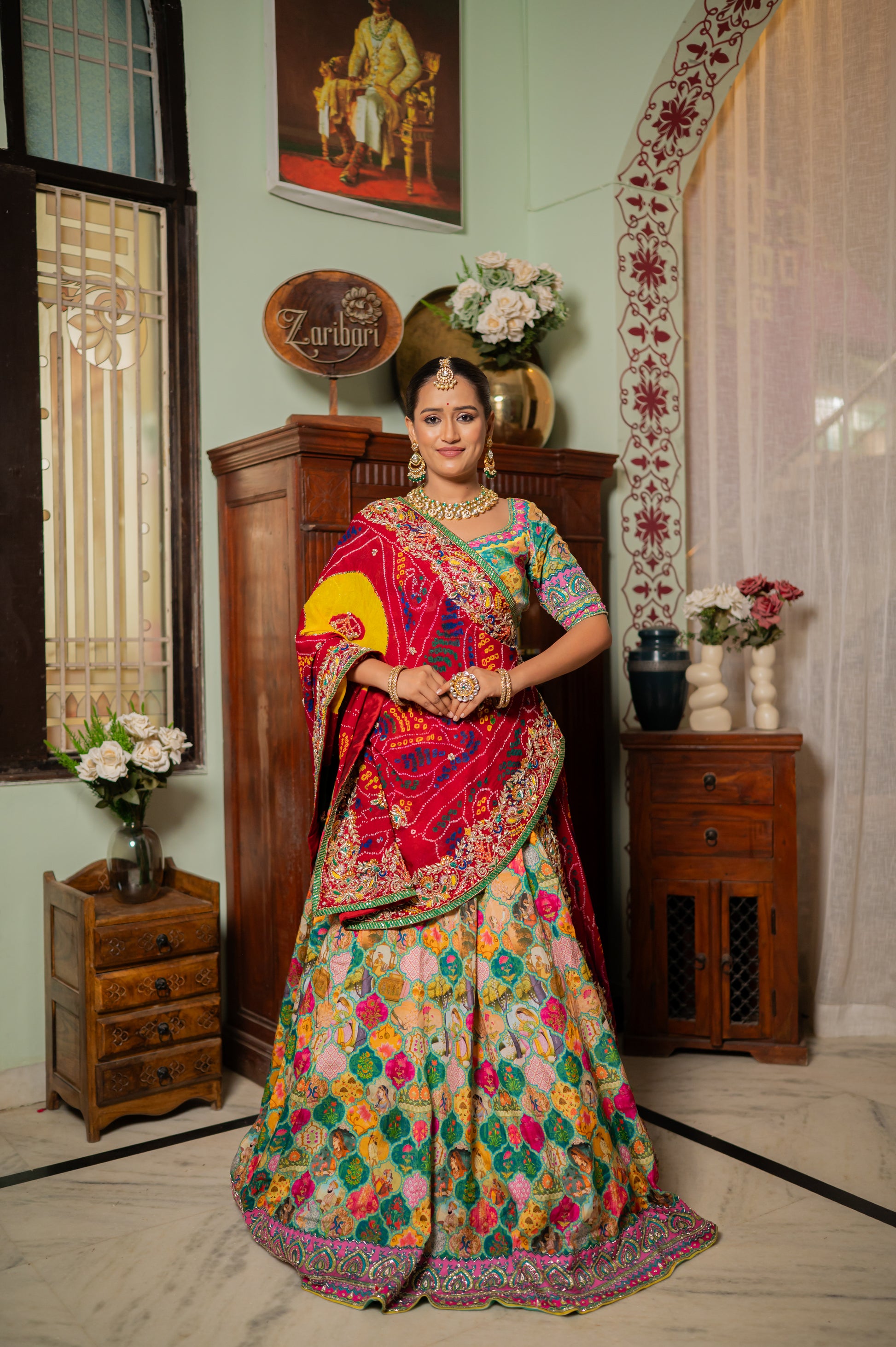 A stunning red pure ojariya bandhej chunari featuring zardozi marodi thread beads work chunari beautifully adorned with fine craftsmanship and exquisite detailing, perfect for festive and special occasions.