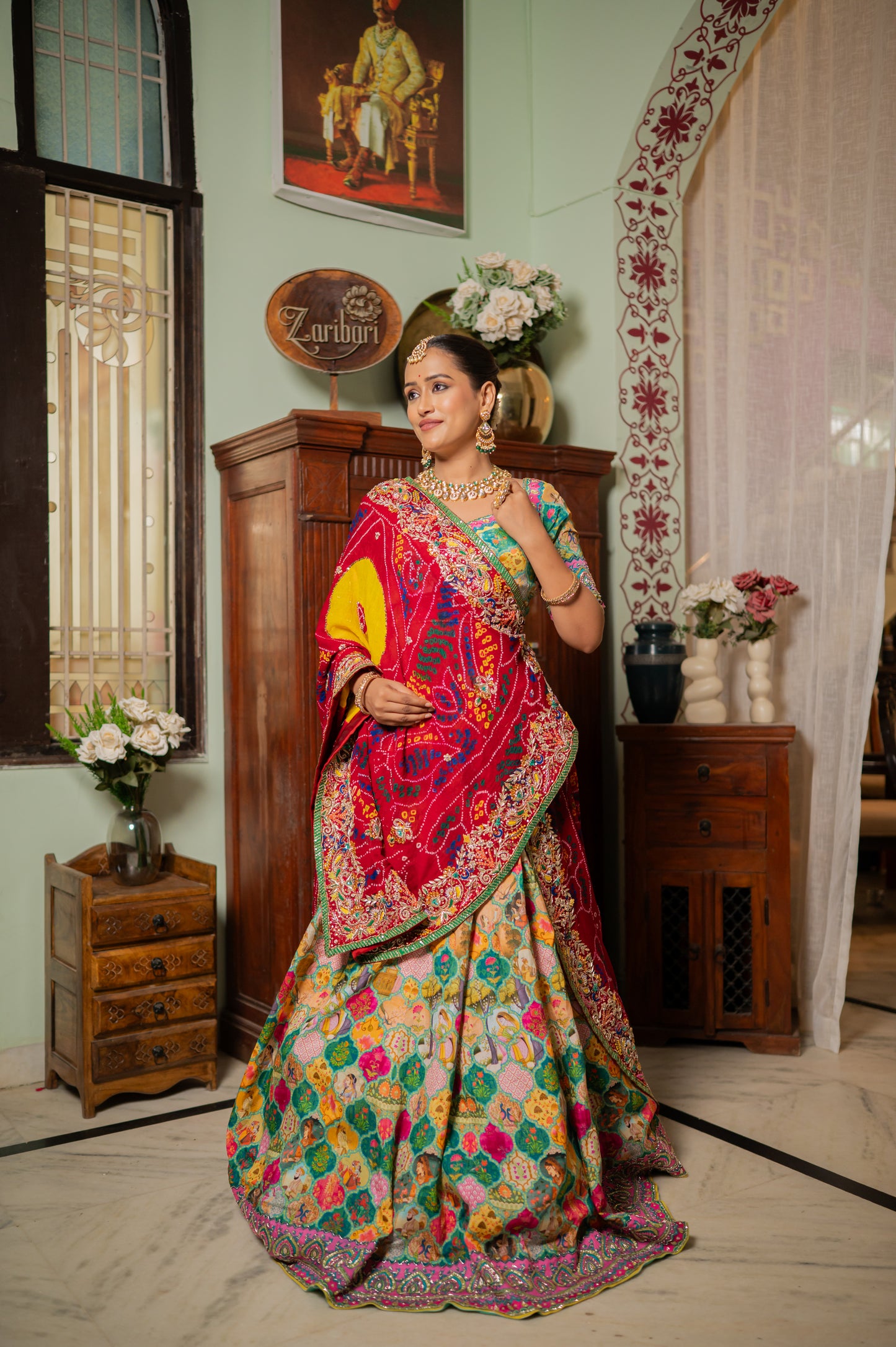 Red Pure Ojariya Bandhej Chunari with Zardozi Marodi Thread Beads Work