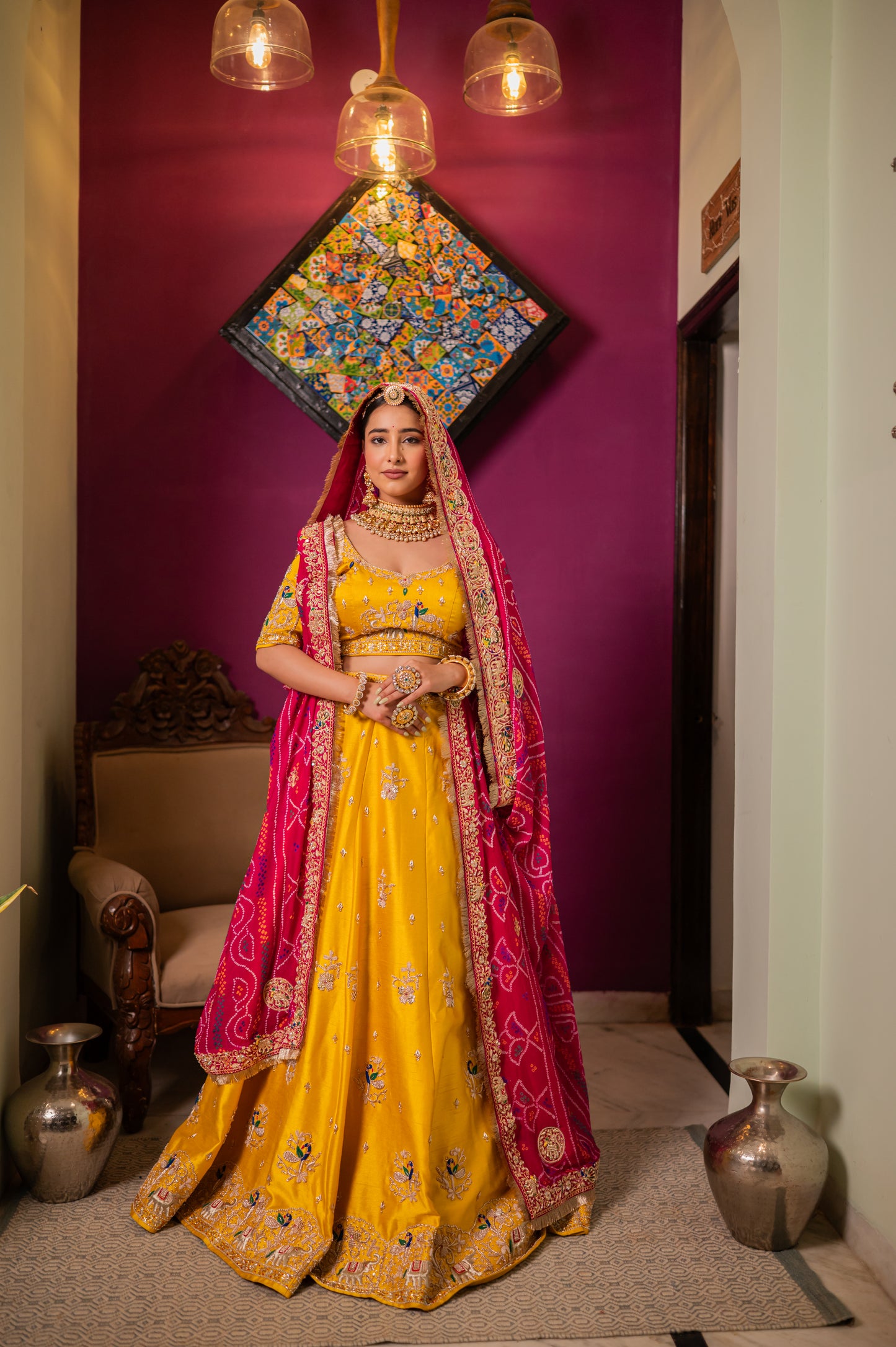A stunning pink pure ojariya bandhej chunari featuring marodi zardozi radha krishna peacock elephant deer motifs sequins work chunari beautifully adorned with fine craftsmanship and exquisite detailing, perfect for festive and special occasions.