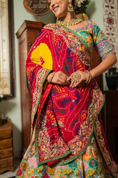 Bridal Dupatta - Red Ojariya Bandhej Zardozi Marodi | Wedding Chunari
