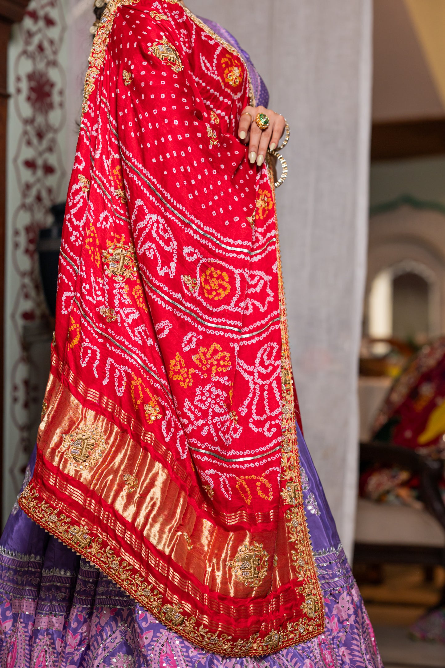 Red Gajji Silk Bandhej Chunari with Zardozi Thread Elephant Motifs Sequins Work