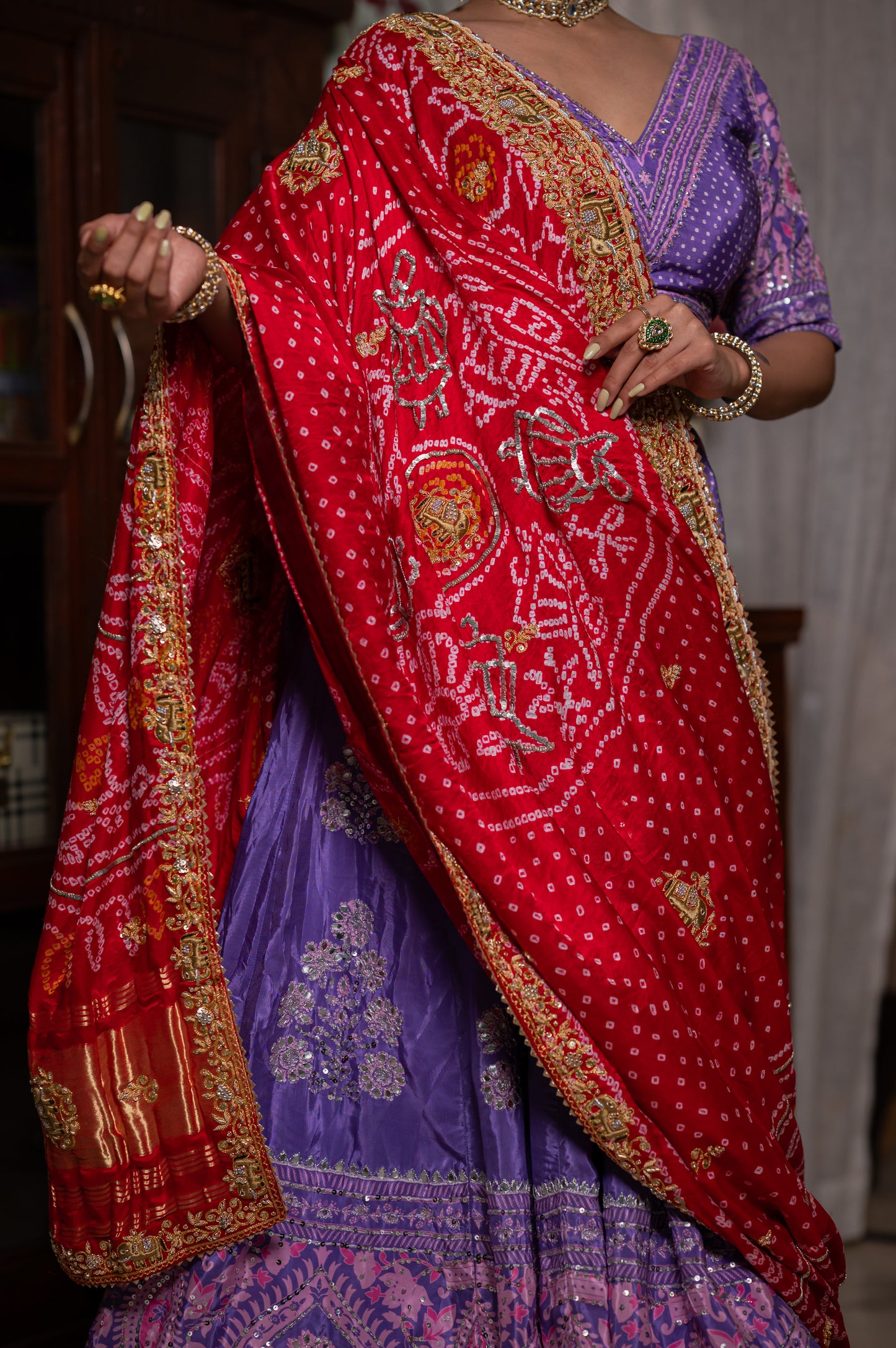 Red Gajji Silk Bandhej Chunari with Marodi Zardozi Thread Elephant Motifs Sequins Work