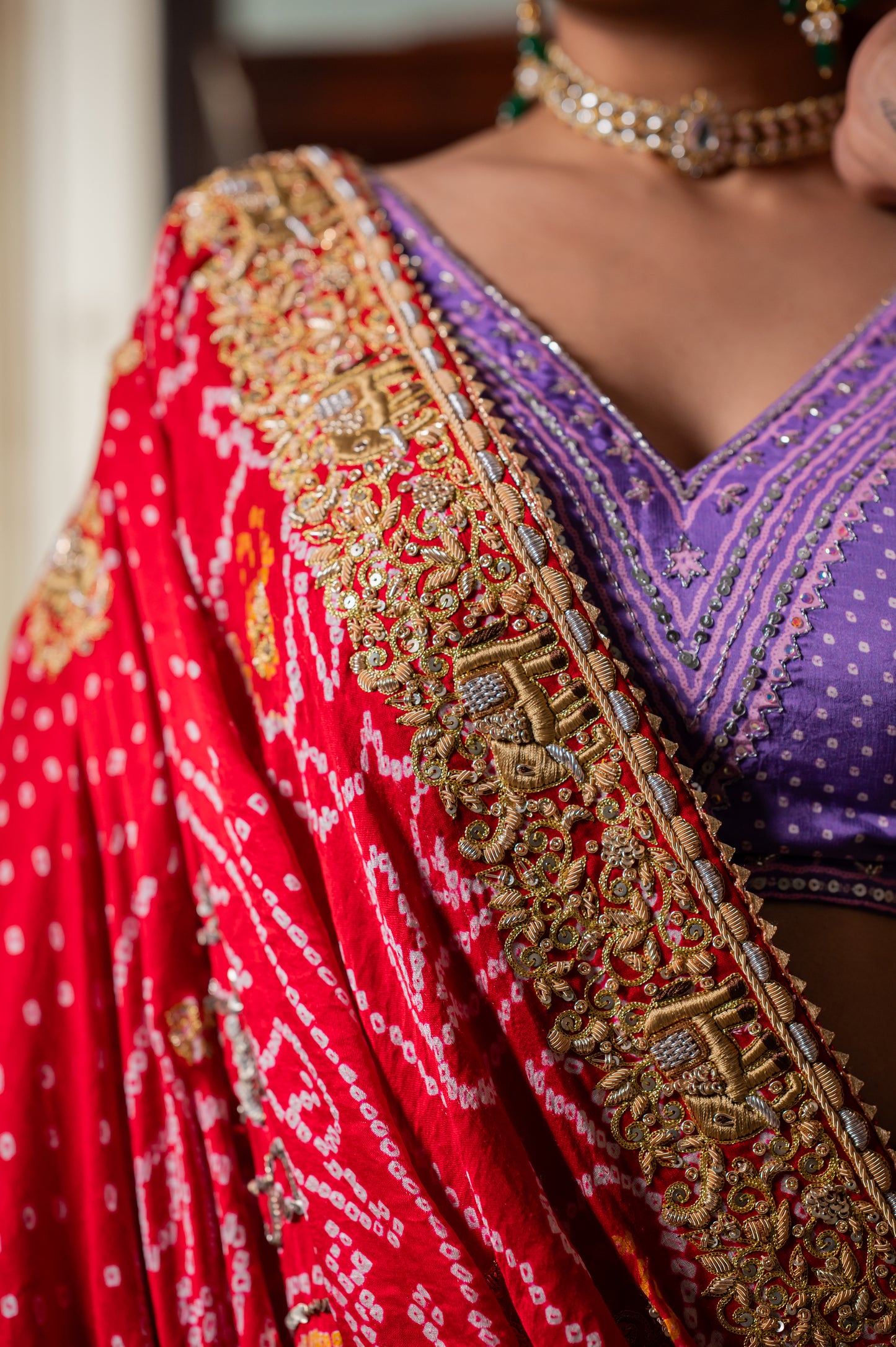 Red Gajji Silk Bandhej Chunari with Marodi Zardozi Thread Elephant Motifs Sequins Work