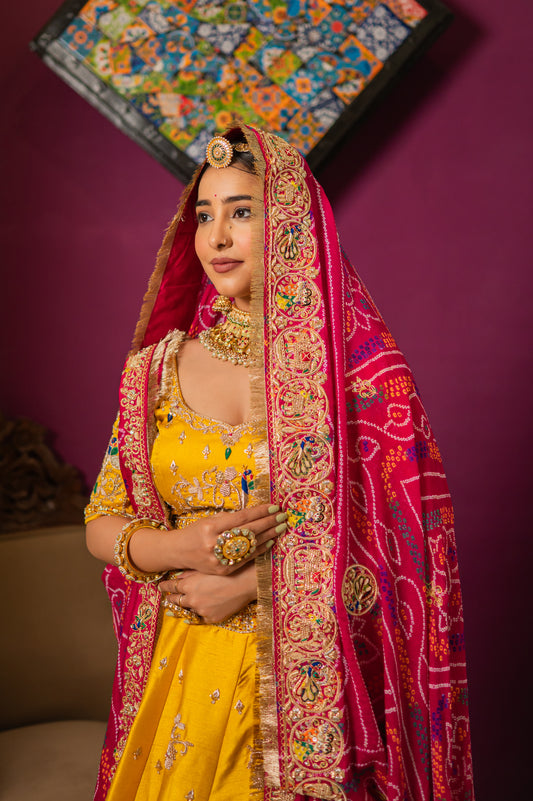 Pink Pure Ojariya Bandhej Chunari with Marodi Zardozi Radha Krishna Peacock Elephant Deer Motifs Sequins Work