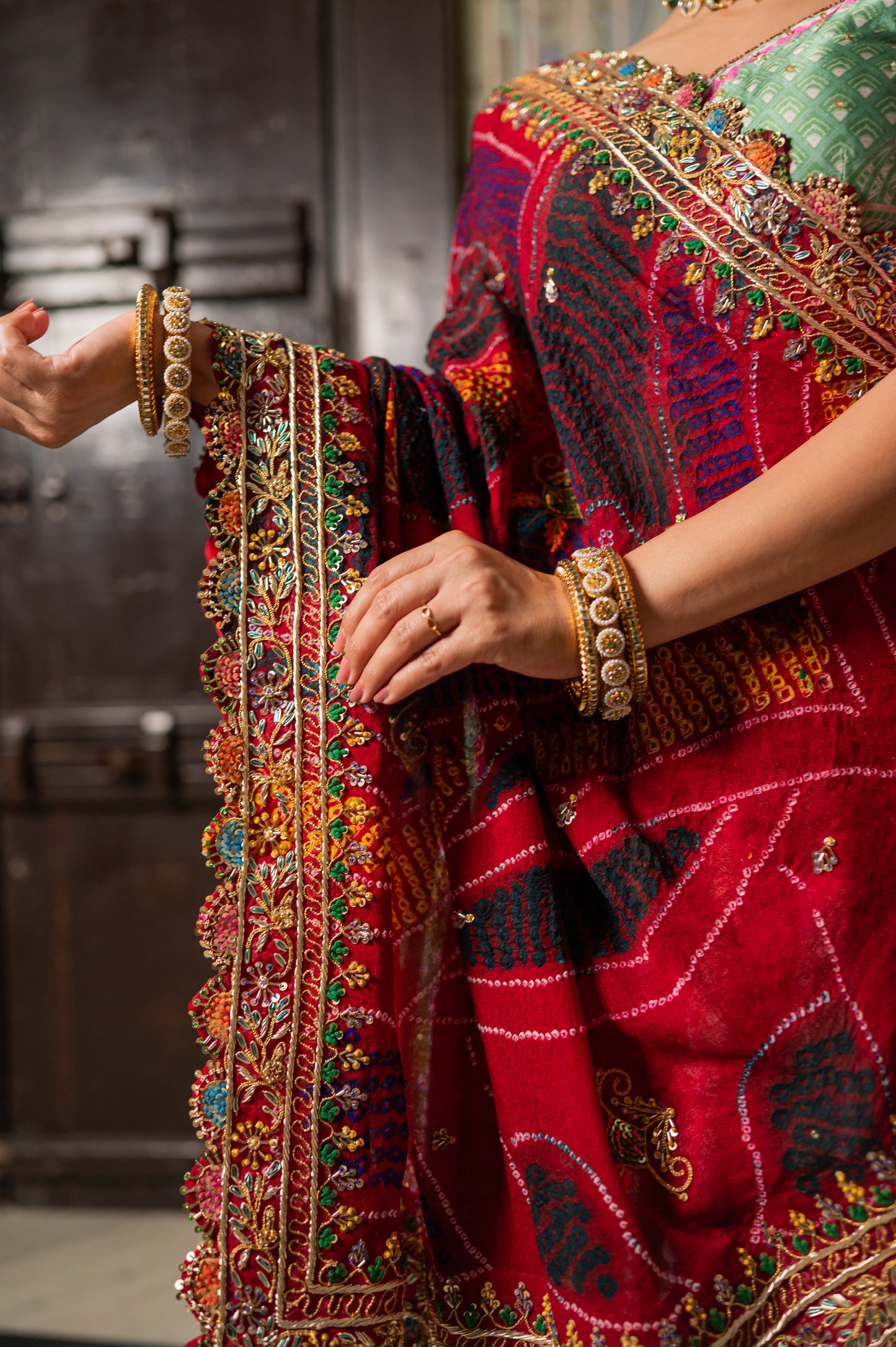 Maroon Pure Ojariya Bandhej Chunari with Marodi Kardana Sequins Beads Work