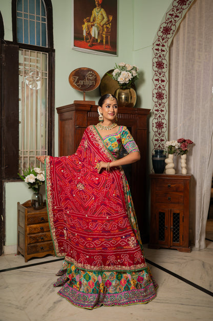 Bridal Dupatta - Red Ojariya Bandhej Zardozi Peacock | Wedding Chunari