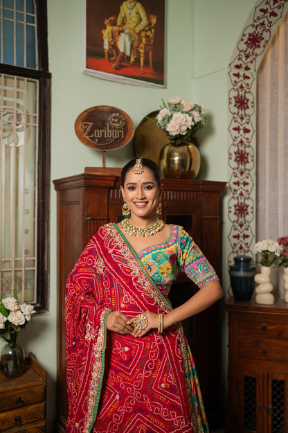 Bridal Dupatta - Red Ojariya Bandhej Zardozi Peacock | Wedding Chunari