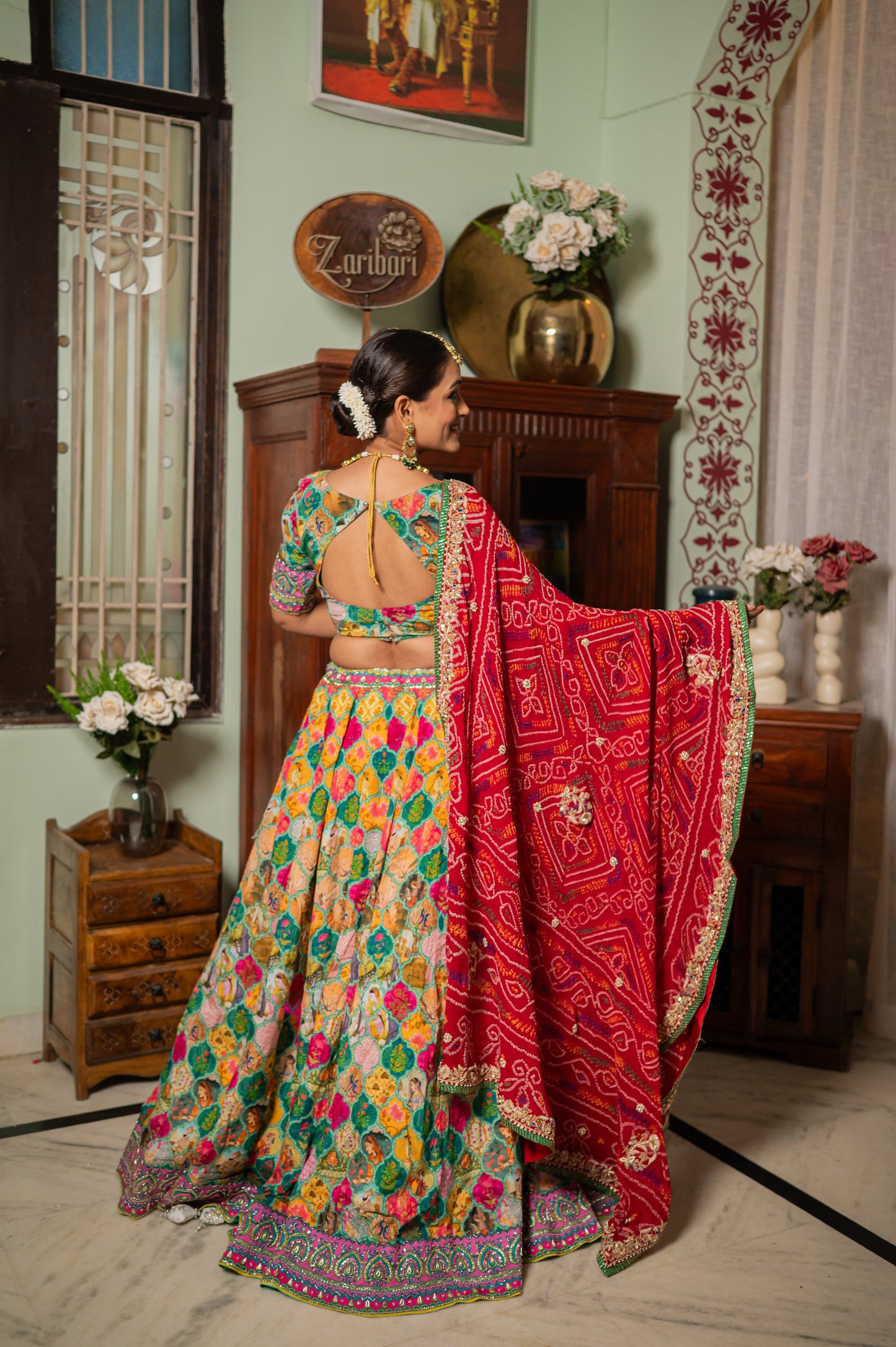 Red Pure Ojariya Bandhej Chunari with Marodi Zardozi Peacock Motifs Sequins Work