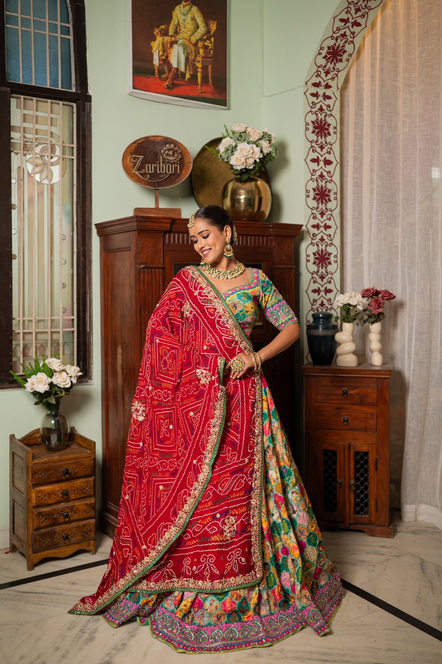 Red Pure Ojariya Bandhej Chunari with Marodi Zardozi Peacock Motifs Sequins Work