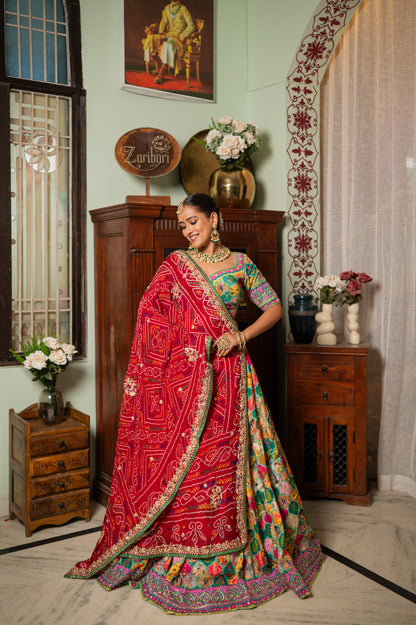 Bridal Dupatta - Red Ojariya Bandhej Zardozi Peacock | Wedding Chunari