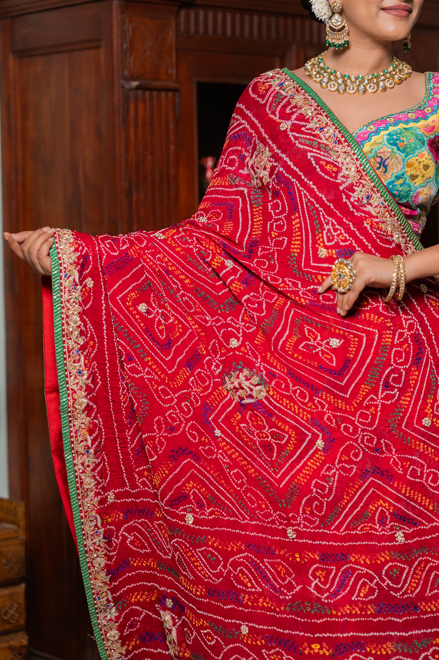 Red Pure Ojariya Bandhej Chunari with Marodi Zardozi Peacock Motifs Sequins Work