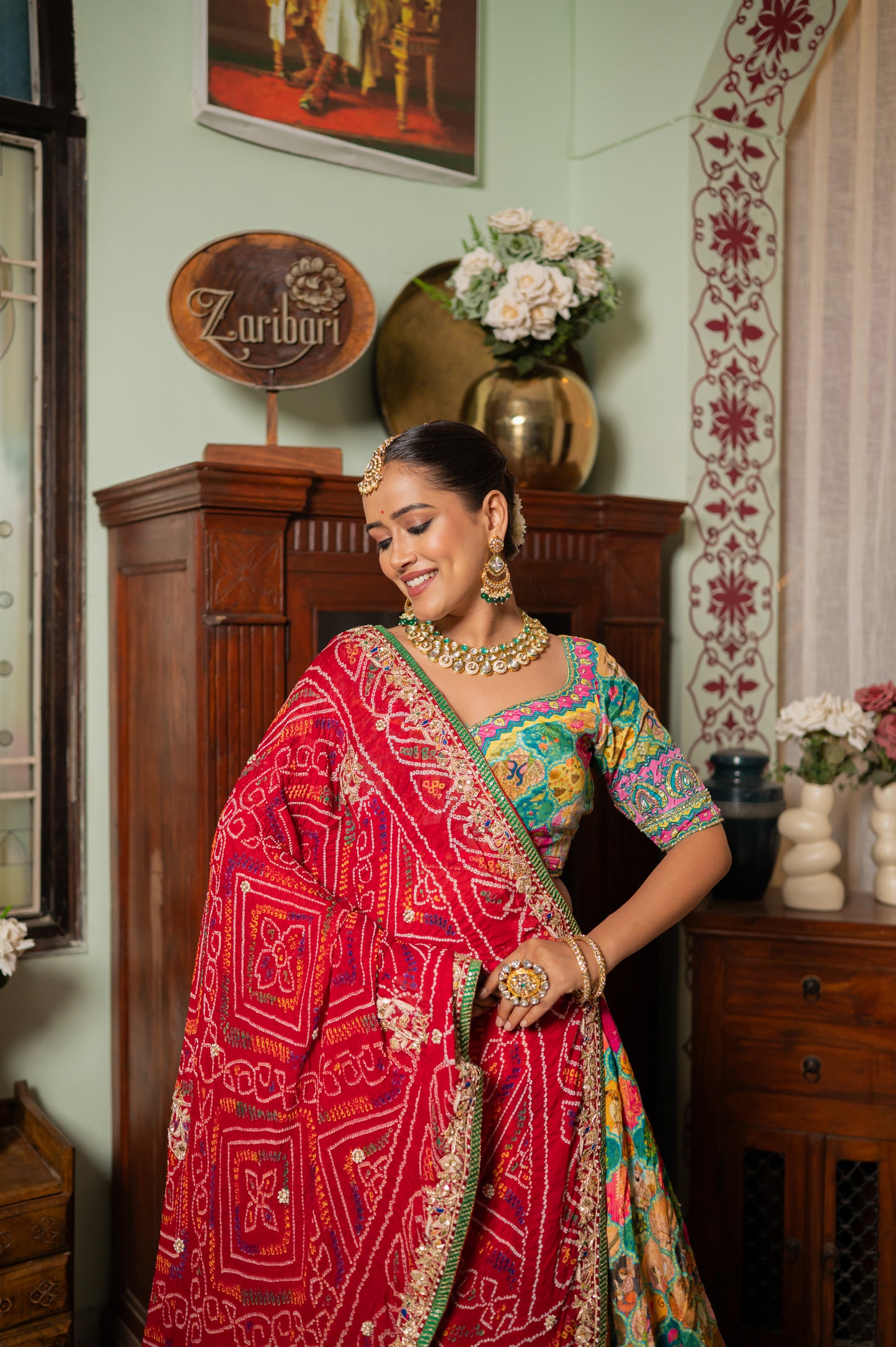 Red Pure Ojariya Bandhej Chunari with Marodi Zardozi Peacock Motifs Sequins Work