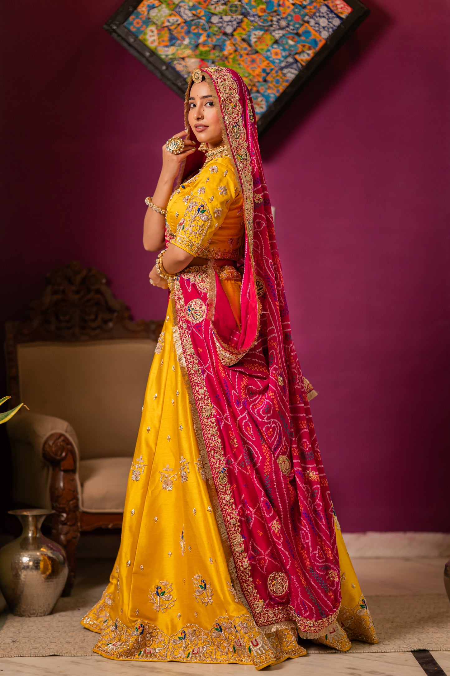 Pink Pure Ojariya Bandhej Chunari with Marodi Zardozi Radha Krishna Peacock Elephant Deer Motifs Sequins Work