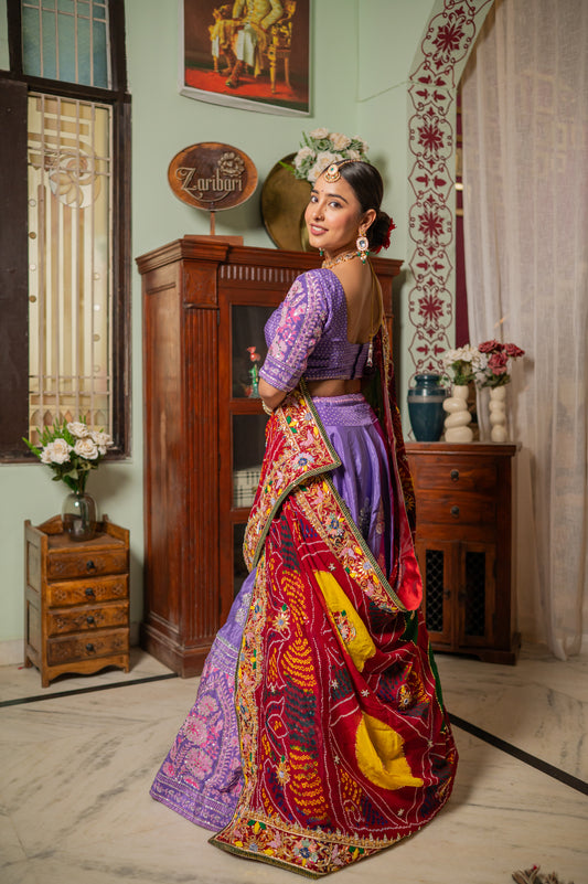 Red Pure Ojariya Bandhej Chunari with Zardozi Gota Patti Sequins Moti Work