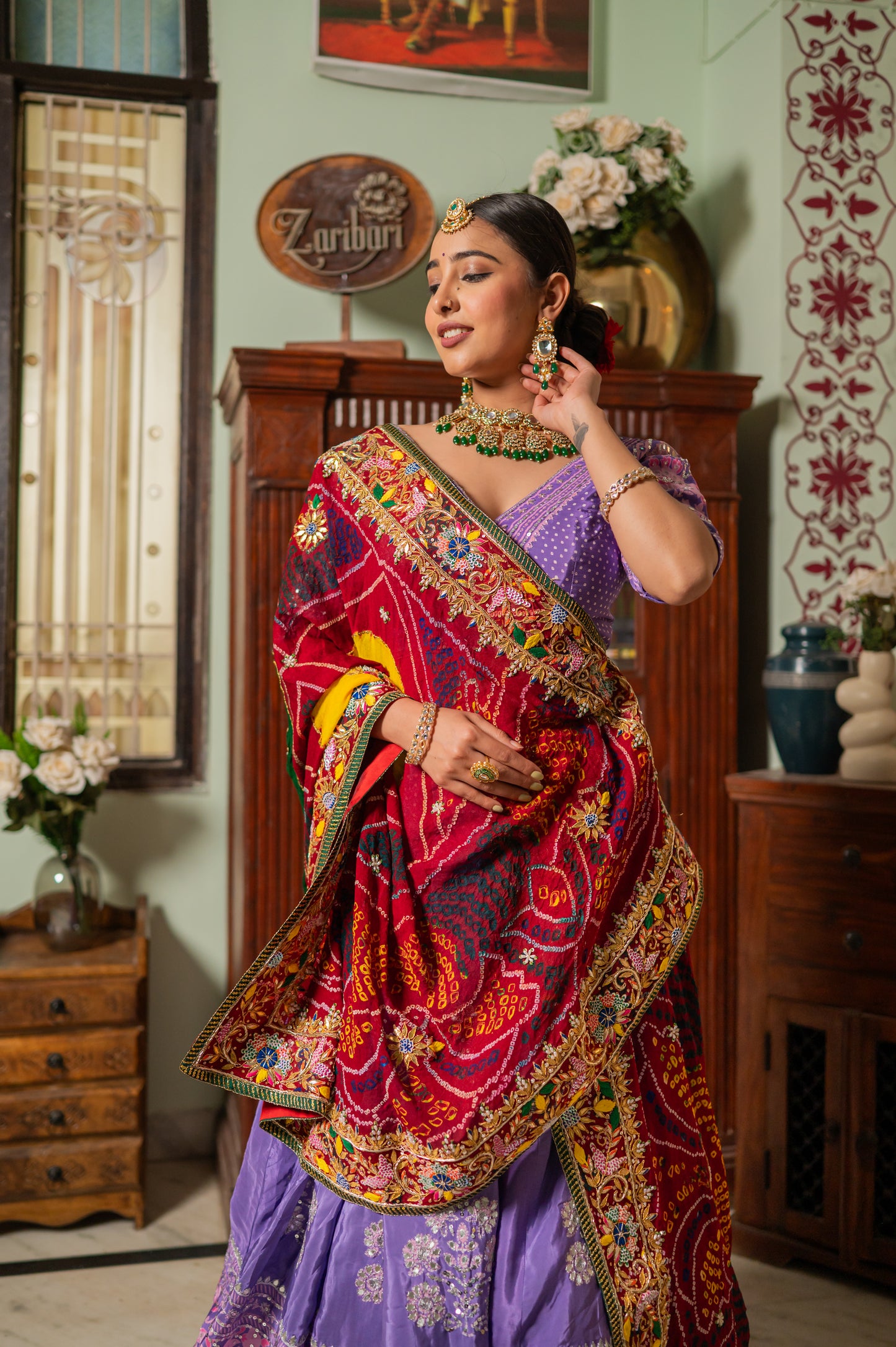 Red Pure Ojariya Bandhej Chunari with Zardozi Gota Patti Sequins Moti Work