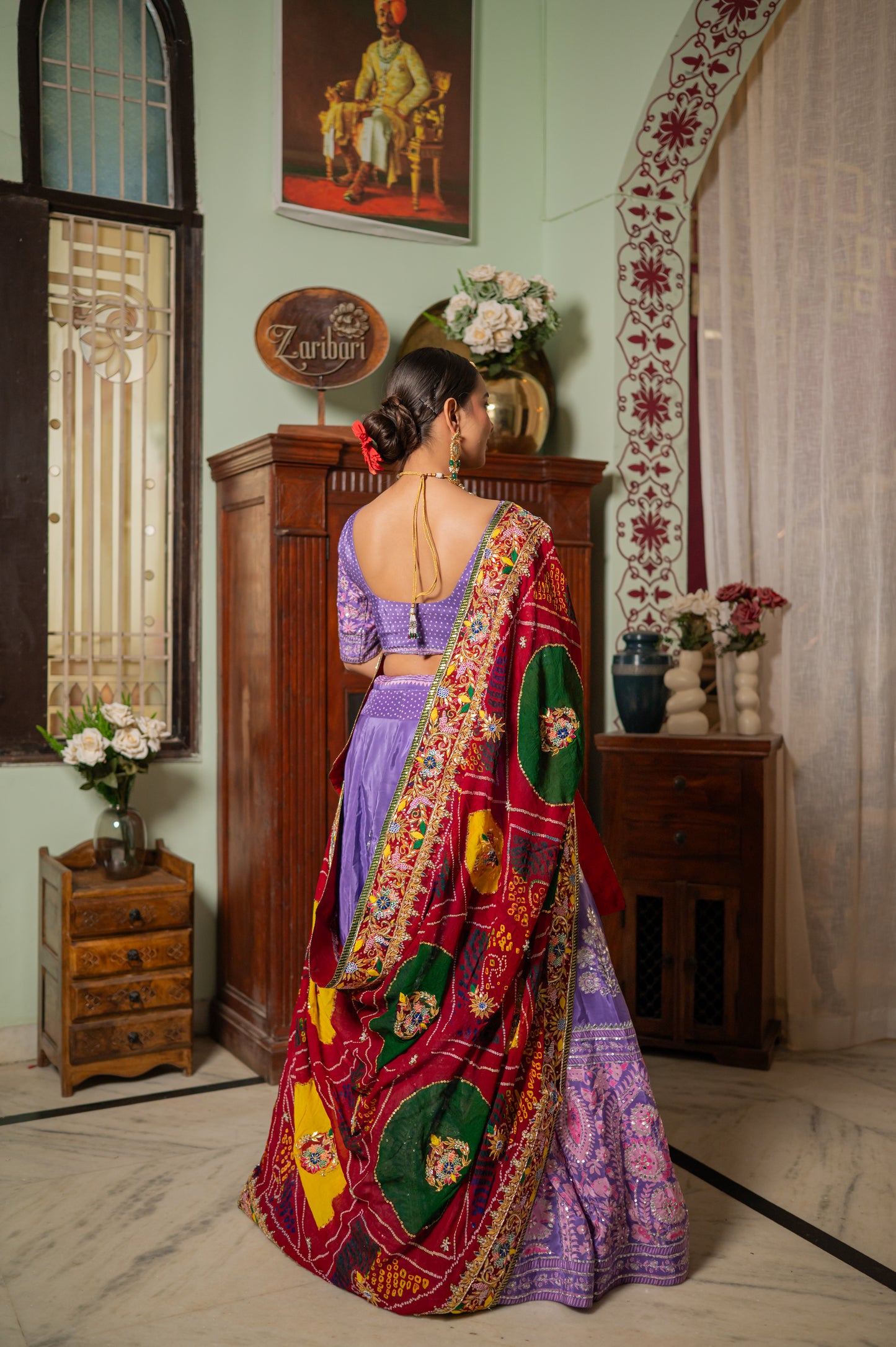 Red Pure Ojariya Bandhej Chunari with Zardozi Gota Patti Sequins Moti Work