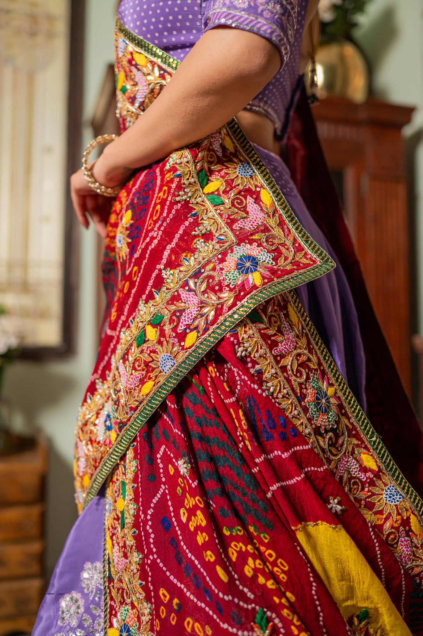 Red Pure Ojariya Bandhej Chunari with Zardozi Gota Patti Sequins Moti Work