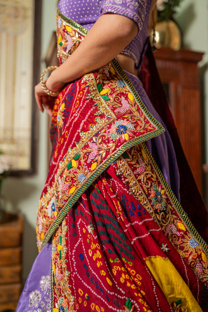 Red Pure Ojariya Bandhej Chunari with Zardozi Gota Patti Sequins Moti Work