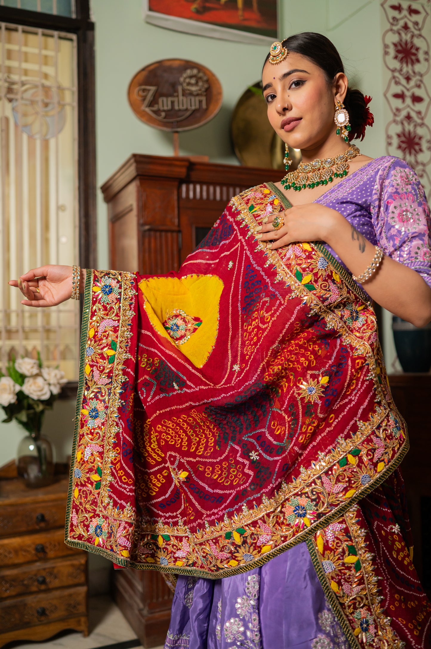 Red Pure Ojariya Bandhej Chunari with Zardozi Gota Patti Sequins Moti Work