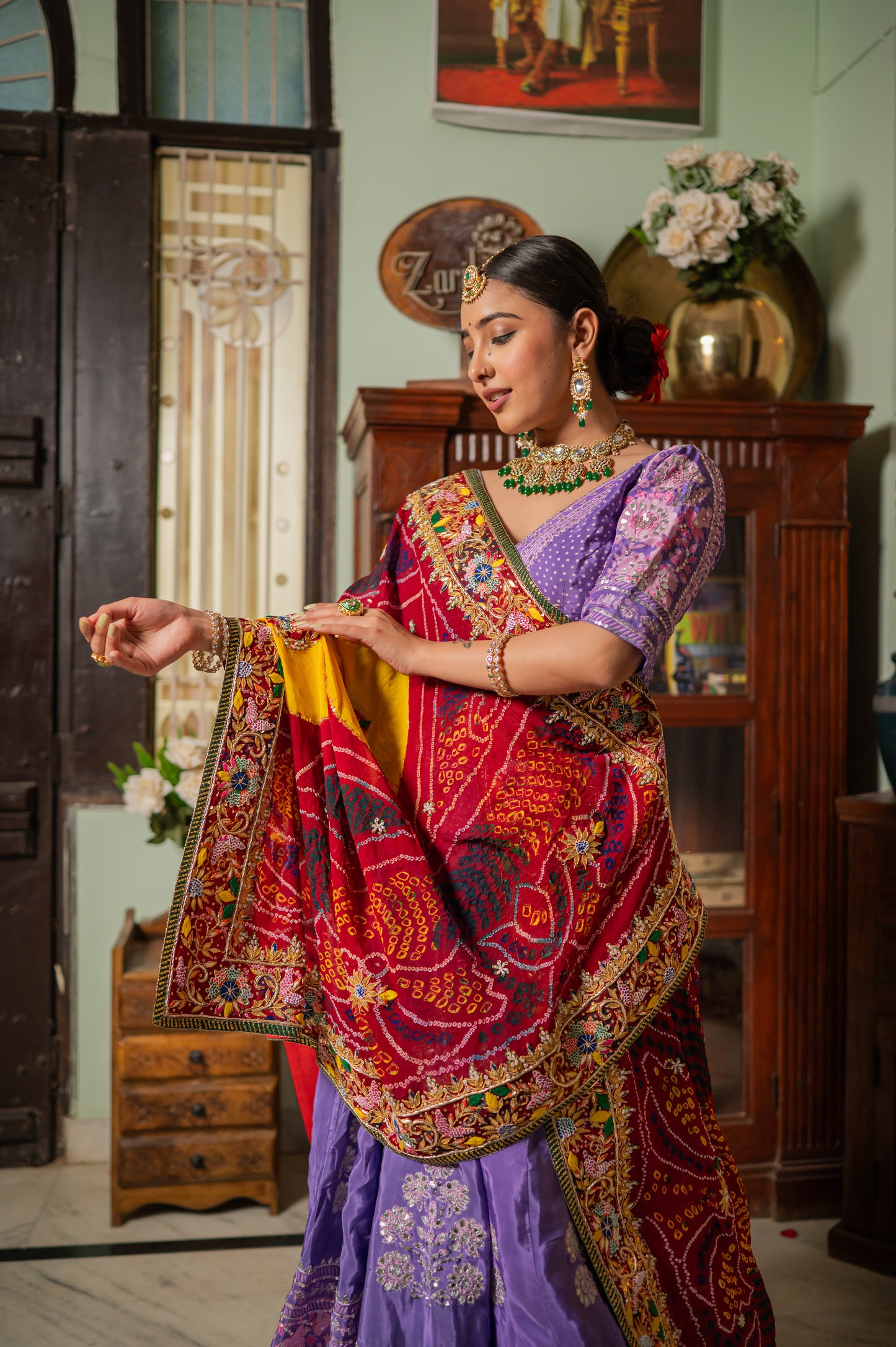 Red Pure Ojariya Bandhej Chunari with Zardozi Gota Patti Sequins Moti Work