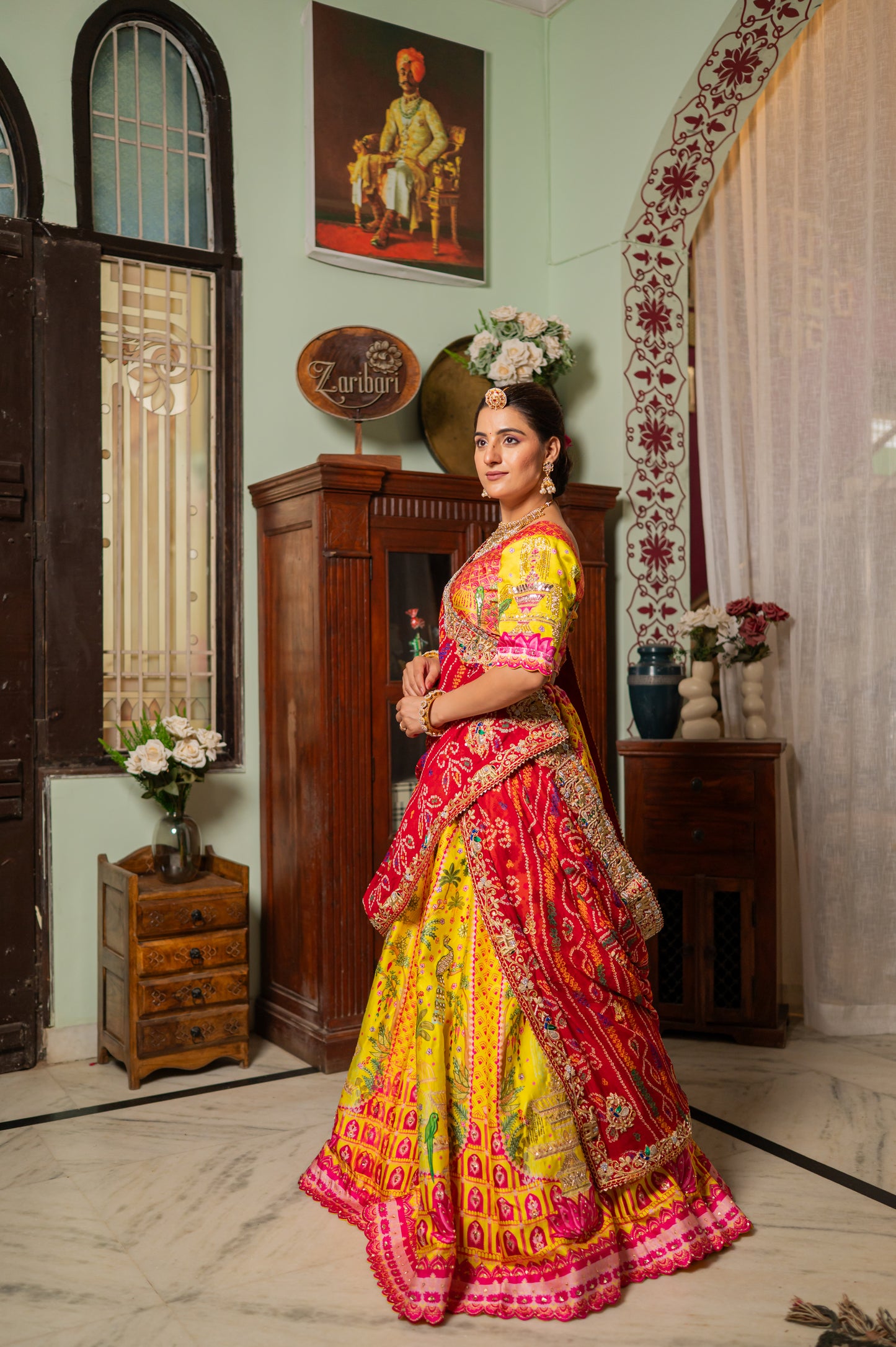 Red Pure Ojariya Bandhej Chunari with Zardozi Thread Elephant Peacock Motifs Sequins Work