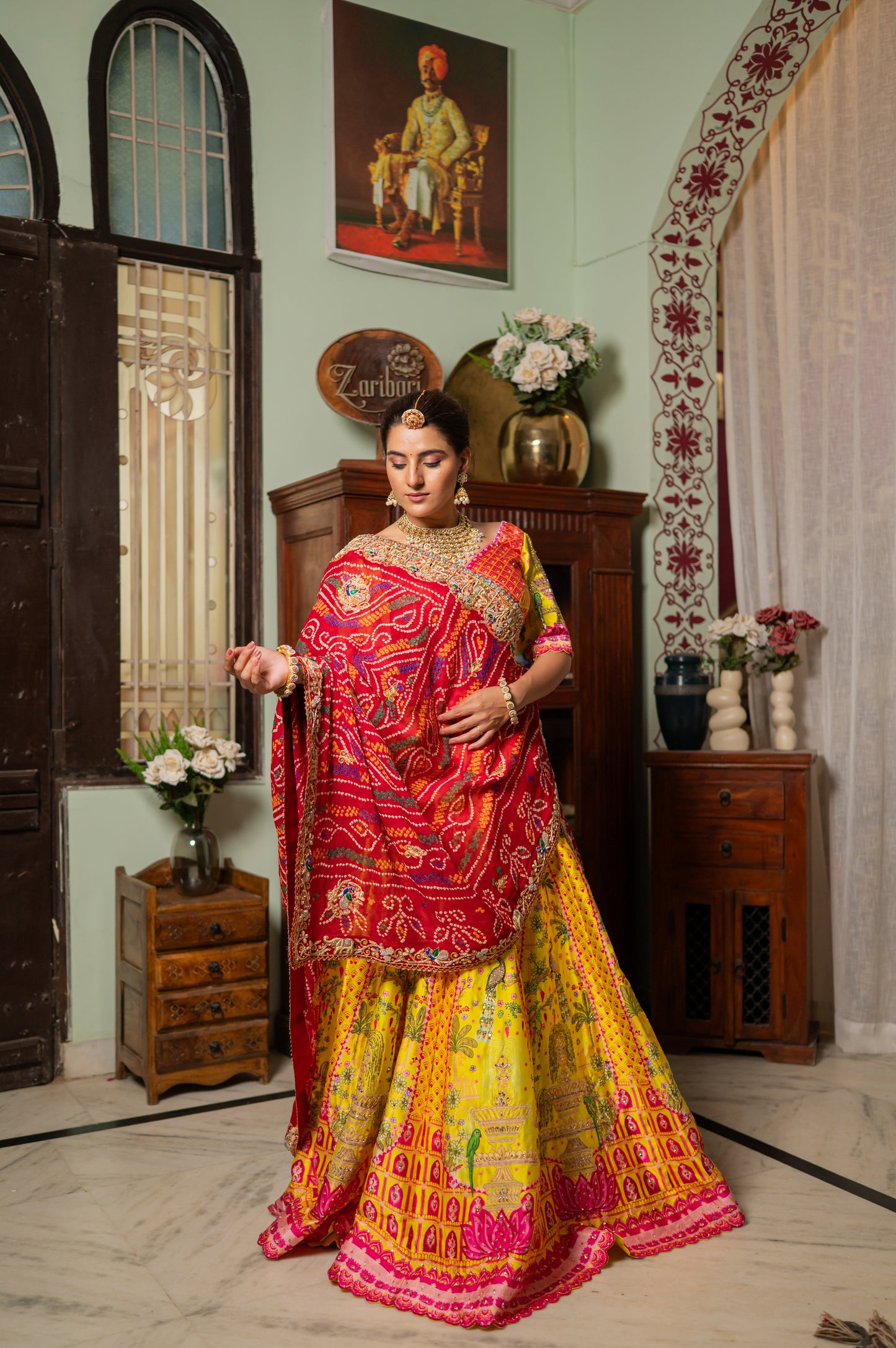 Red Pure Ojariya Bandhej Chunari with Zardozi Thread Elephant Peacock Motifs Sequins Work