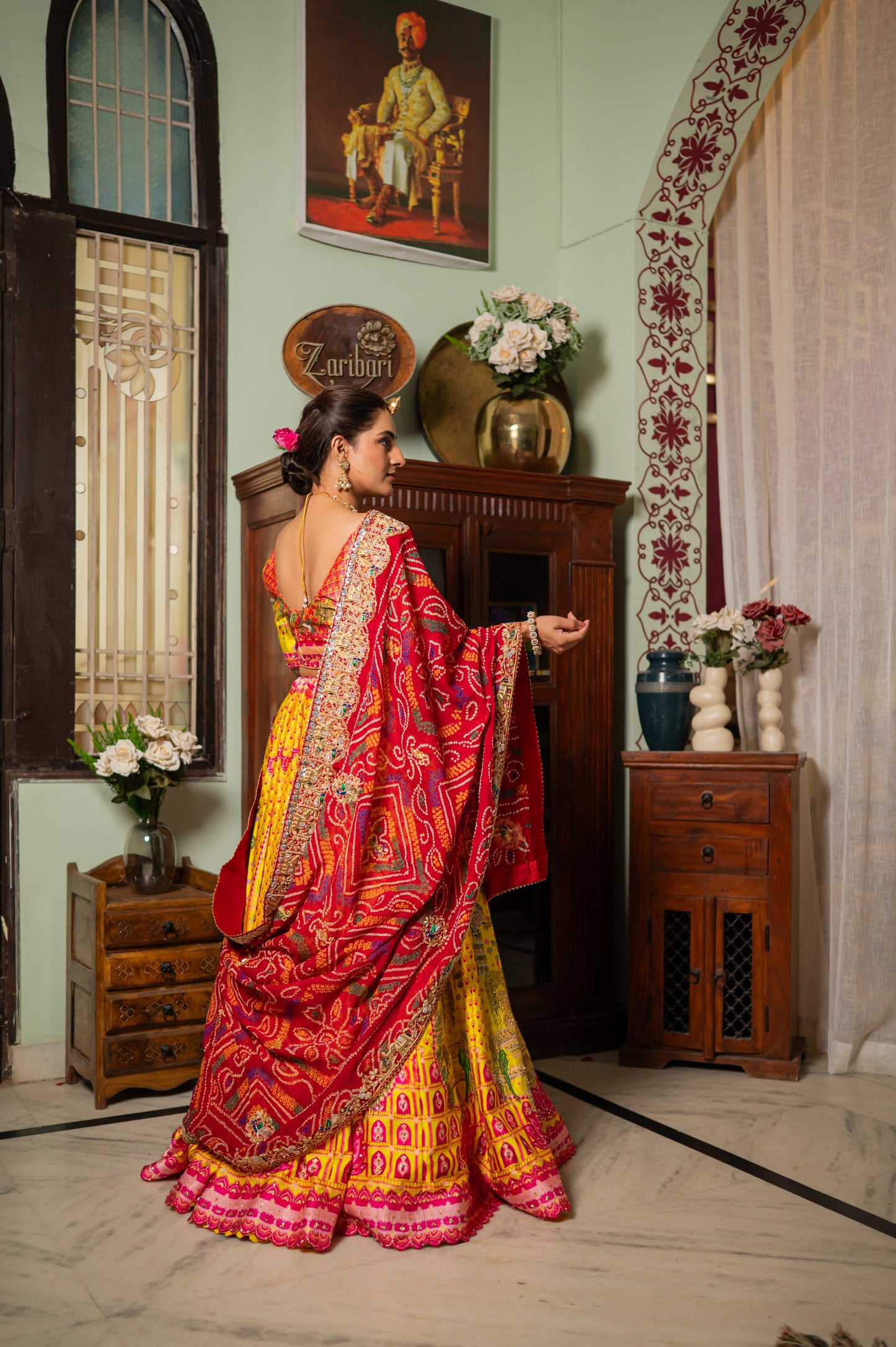 Red Pure Ojariya Bandhej Chunari with Zardozi Thread Elephant Peacock Motifs Sequins Work