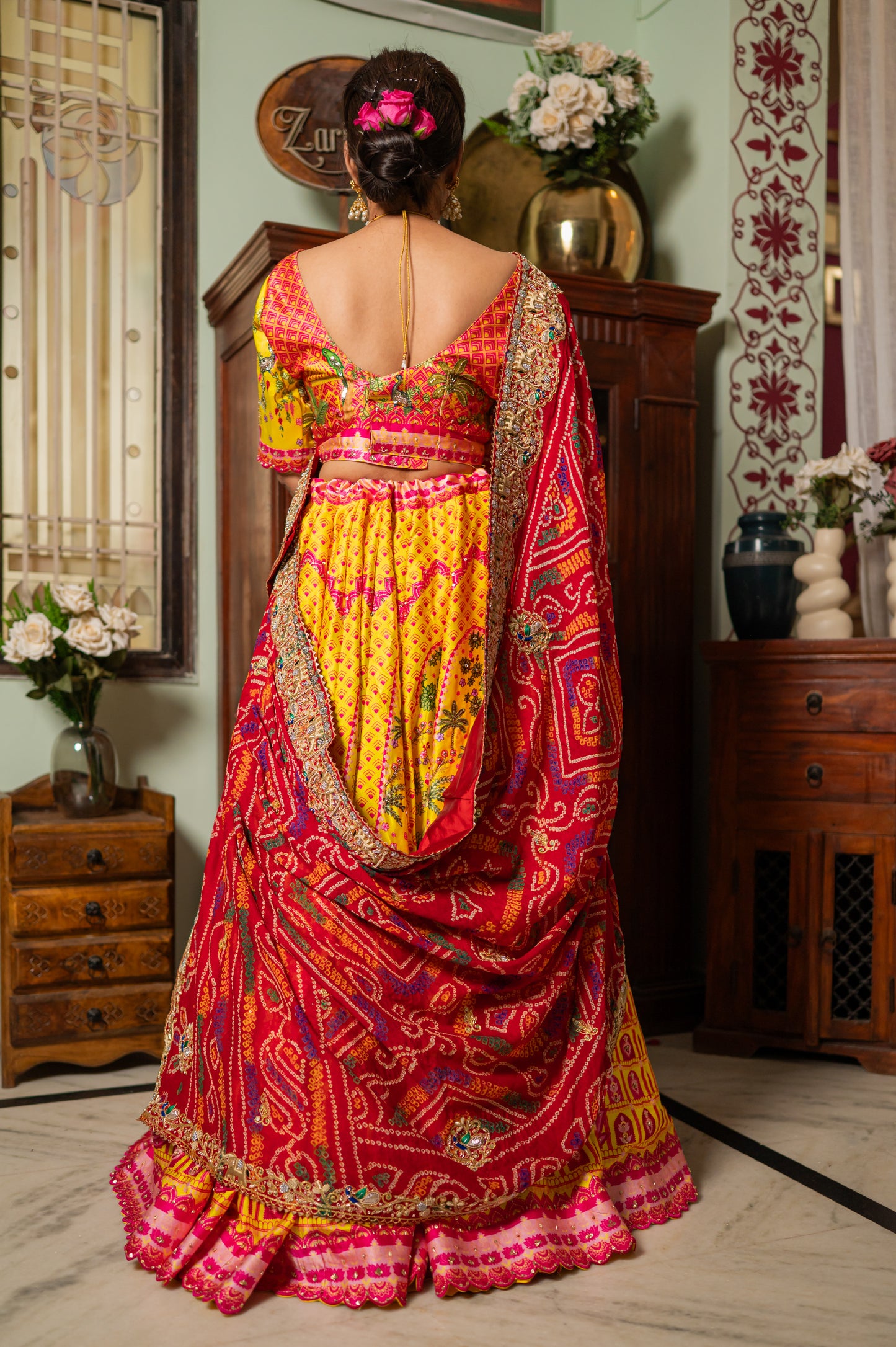 Red Pure Ojariya Bandhej Chunari with Zardozi Thread Elephant Peacock Motifs Sequins Work