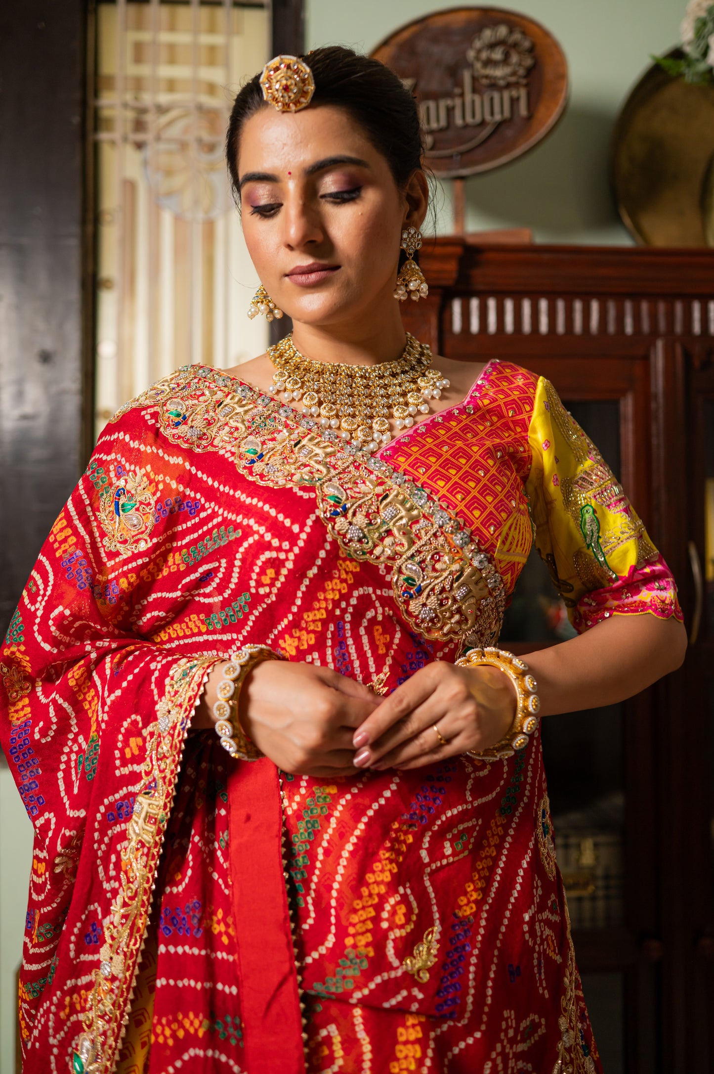 Red Pure Ojariya Bandhej Chunari with Zardozi Thread Elephant Peacock Motifs Sequins Work