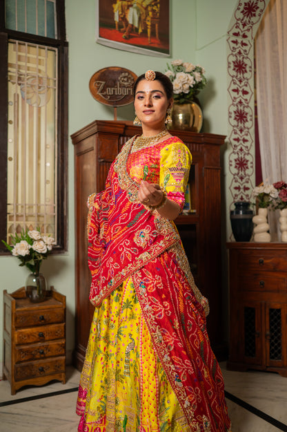Bridal Dupatta - Red Bandhej Zardozi Elephant Peacock | Wedding Chunari
