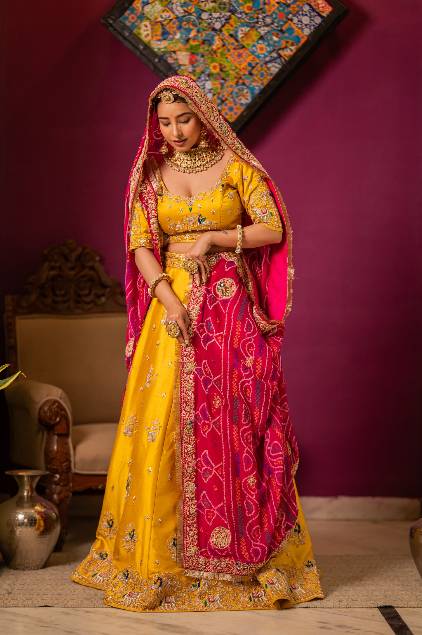 Pink Pure Ojariya Bandhej Chunari with Marodi Zardozi Radha Krishna Peacock Elephant Deer Motifs Sequins Work