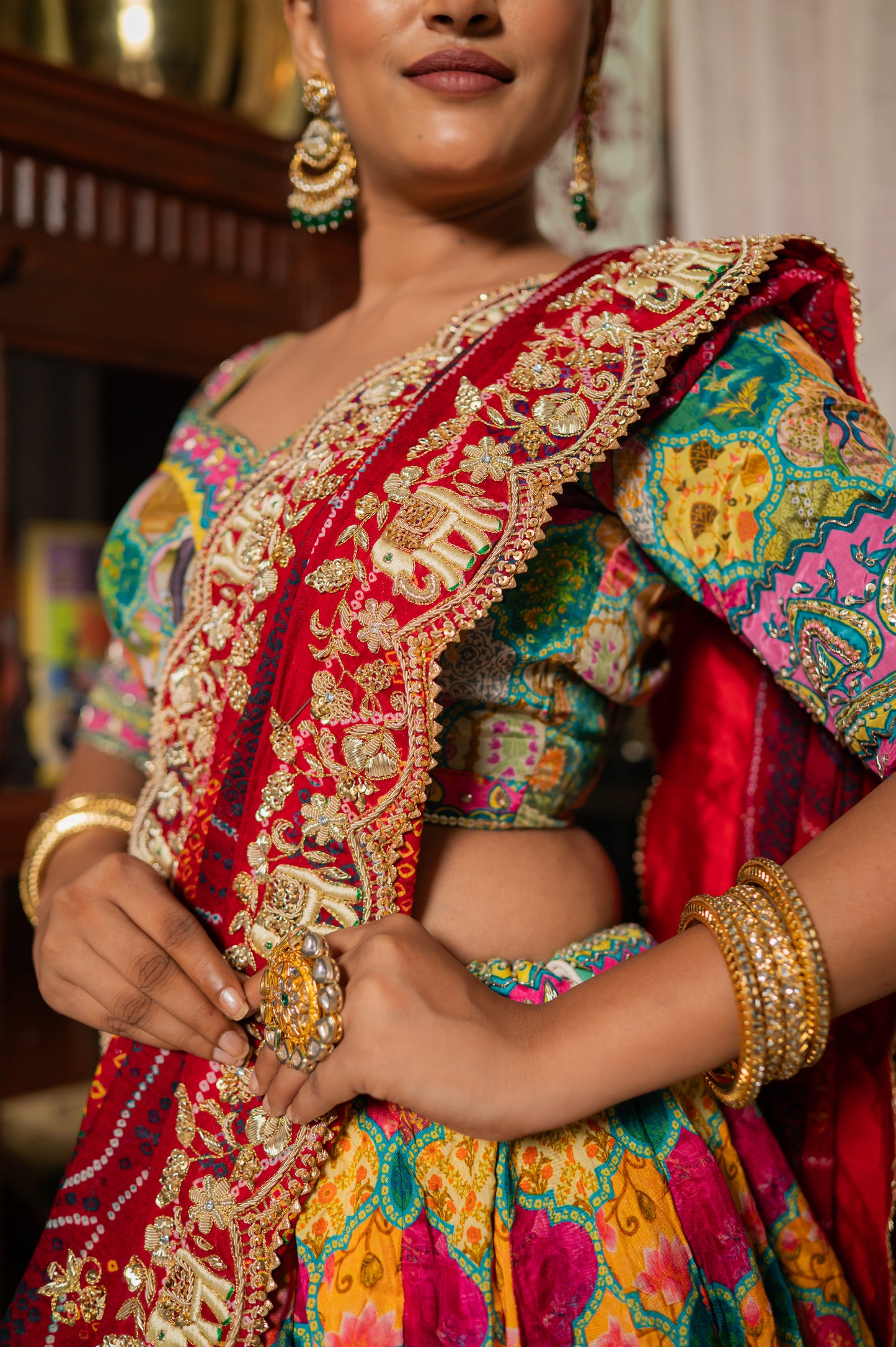 Red Pure Ojariya Bandhej Chunari with Marodi Zardozi Thread Elephant Motifs Sequins Work