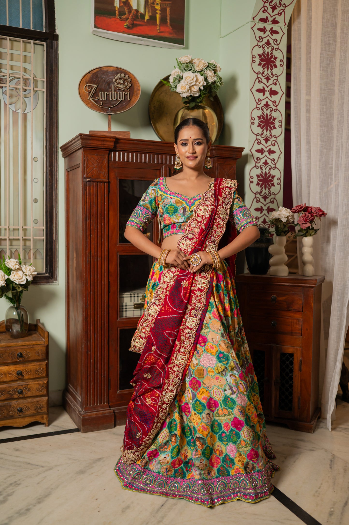 Red Pure Ojariya Bandhej Chunari with Marodi Zardozi Thread Elephant Motifs Sequins Work