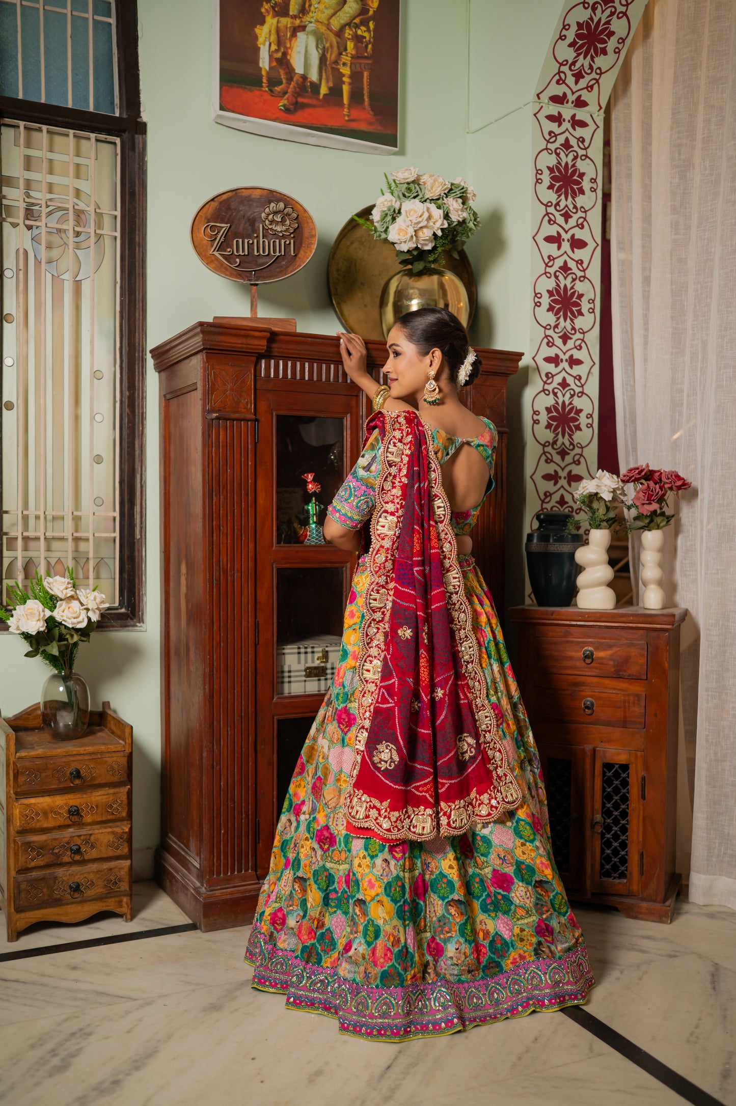 Red Pure Ojariya Bandhej Chunari with Marodi Zardozi Thread Elephant Motifs Sequins Work