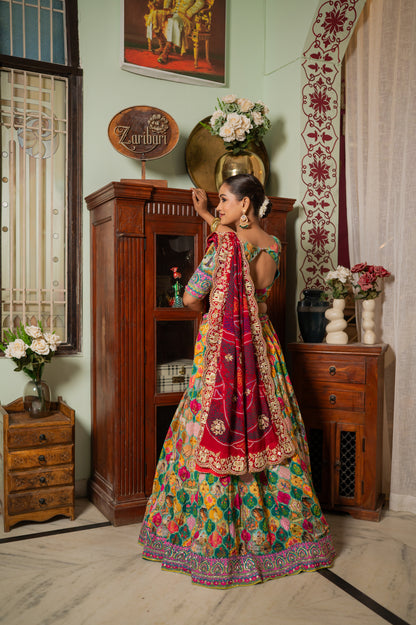 Red Pure Ojariya Bandhej Chunari with Marodi Zardozi Thread Elephant Motifs Sequins Work