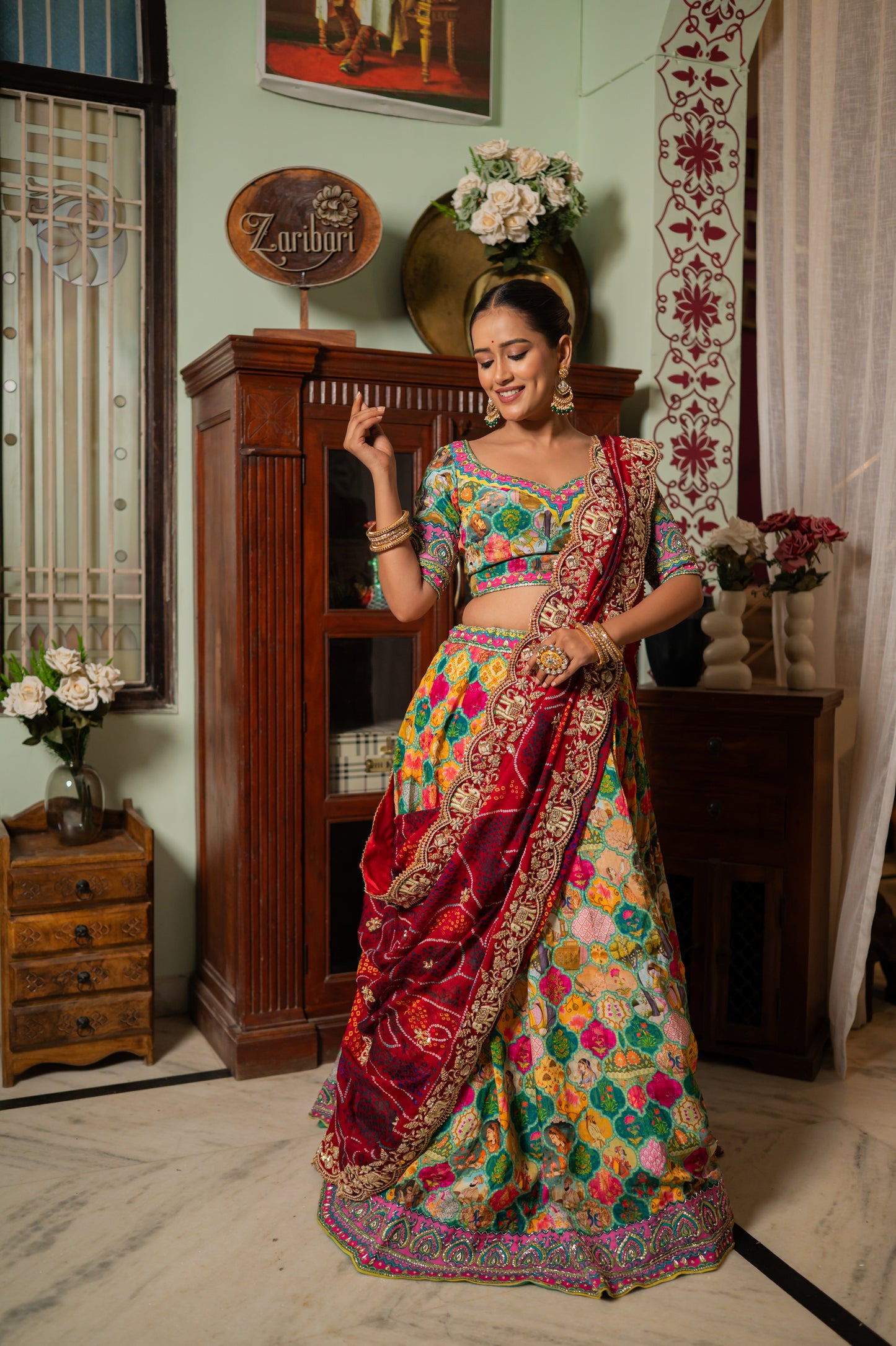 Red Pure Ojariya Bandhej Chunari with Marodi Zardozi Thread Elephant Motifs Sequins Work