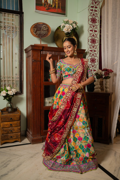 Red Pure Ojariya Bandhej Chunari with Marodi Zardozi Thread Elephant Motifs Sequins Work