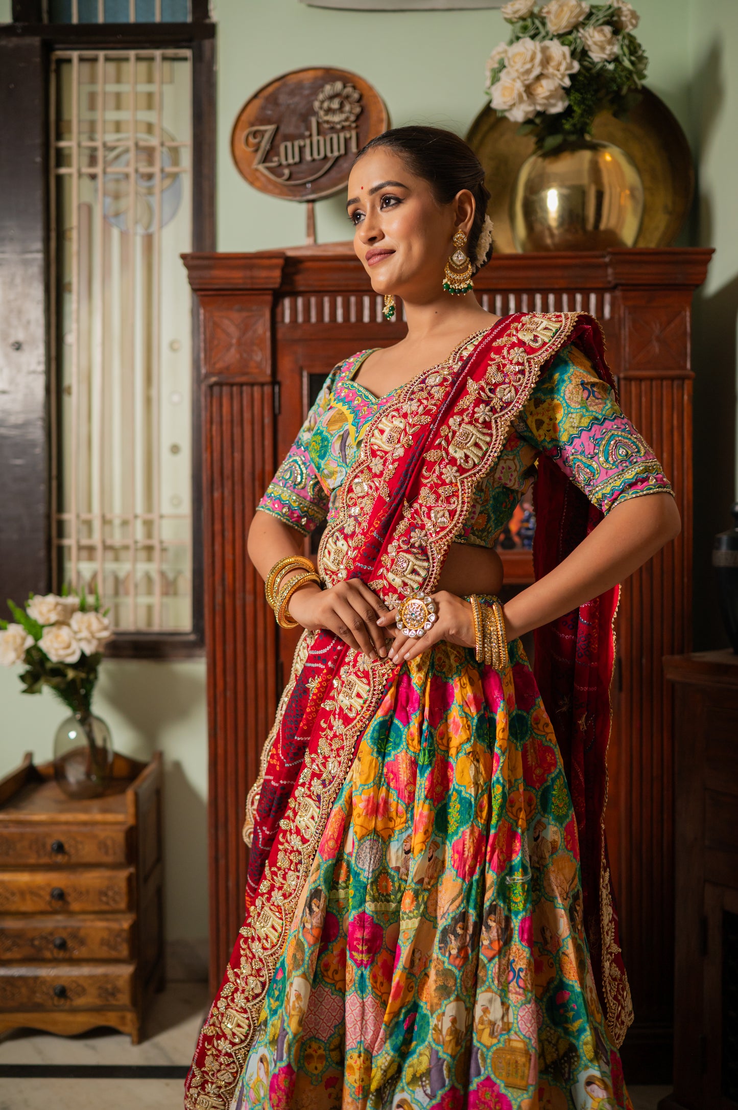 Red Pure Ojariya Bandhej Chunari with Marodi Zardozi Thread Elephant Motifs Sequins Work